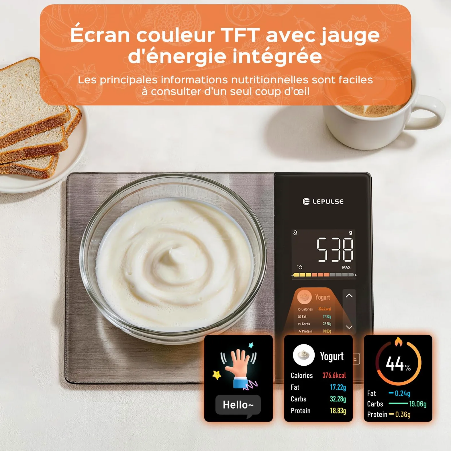 Balance de cuisine numérique avec calcul nutritionnel, écran couleur TFT | Balance alimentaire intelligente, 24 analyses, calories Bluetooth, 50 analyses hors ligne et analyse illimitée des calories