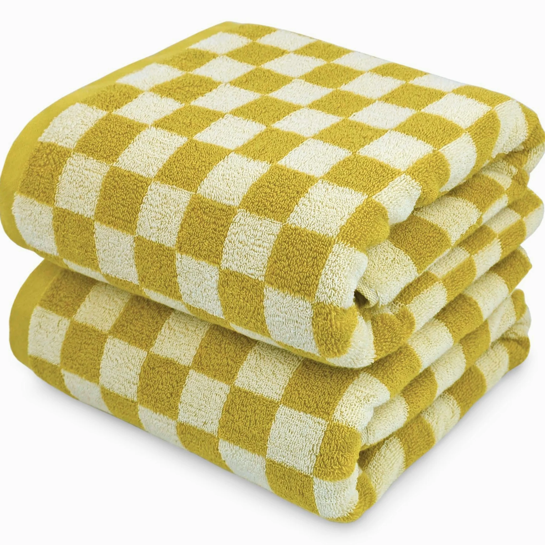 Lot de 2 serviettes de bain de luxe d'automne en coton à carreaux pour séchage du corps, 140 x 69 cm, jaune moutarde