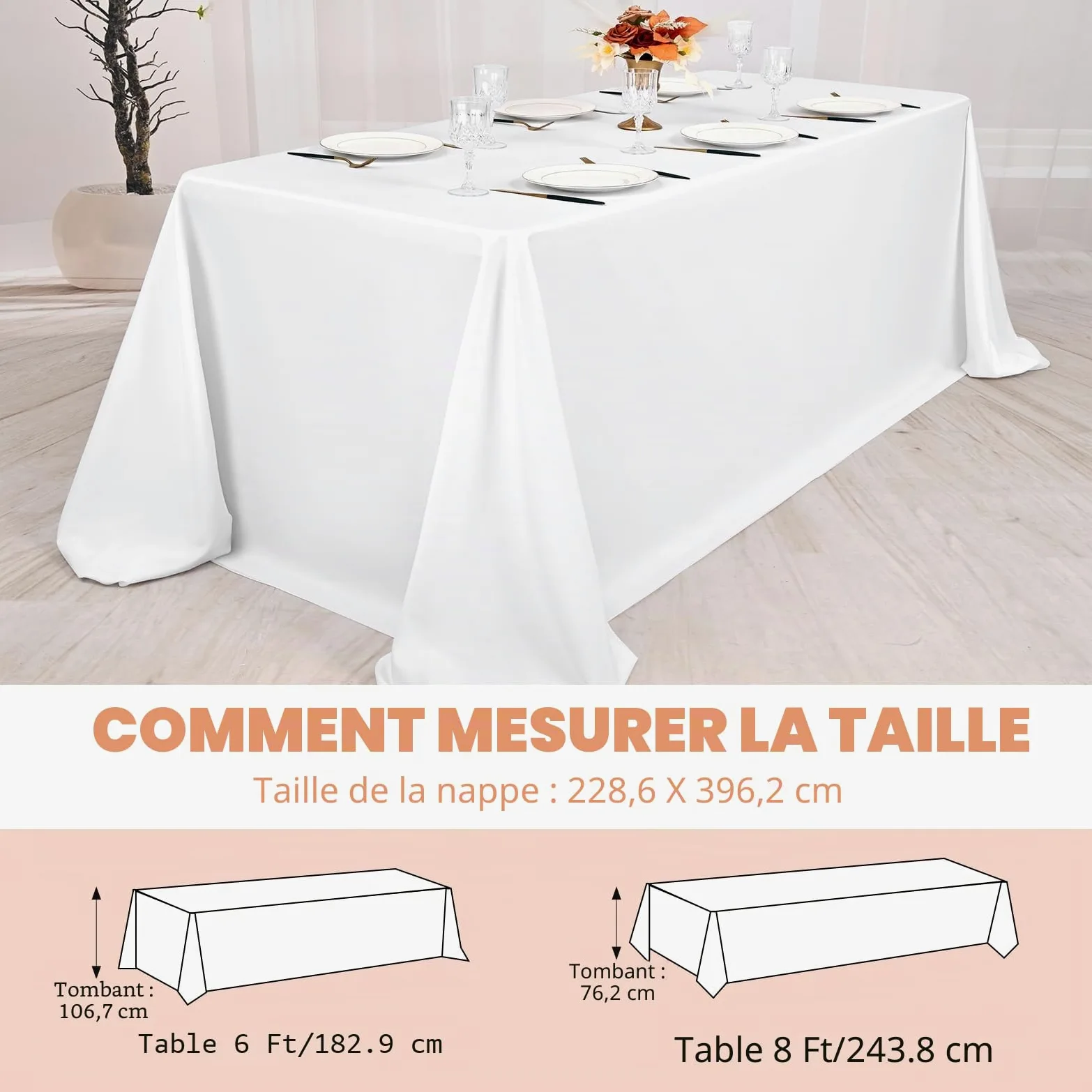 Pesonlook Lot de 4 nappes rectangulaires blanches, 228,6 x 396,2 cm en polyester lavable en masse, nappes en tissu polyester pour mariage, fête, banquet, buffet, table de fête, dîner de vacances