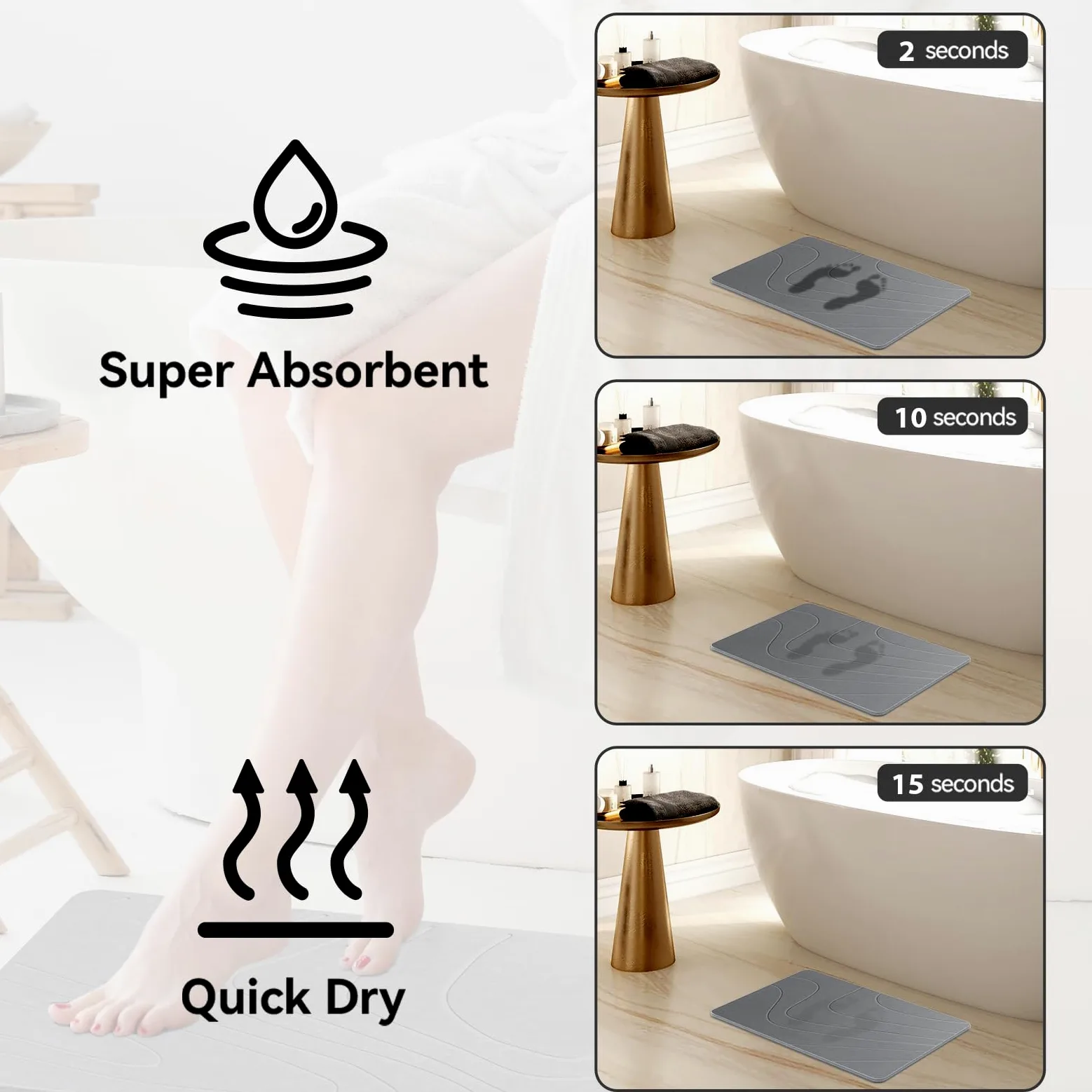 Tapis de bain en pierre, tapis de douche terre de diatomées | Tapis de sol antidérapant à séchage rapide, super absorbant, gris, 60 x 39,4 cm