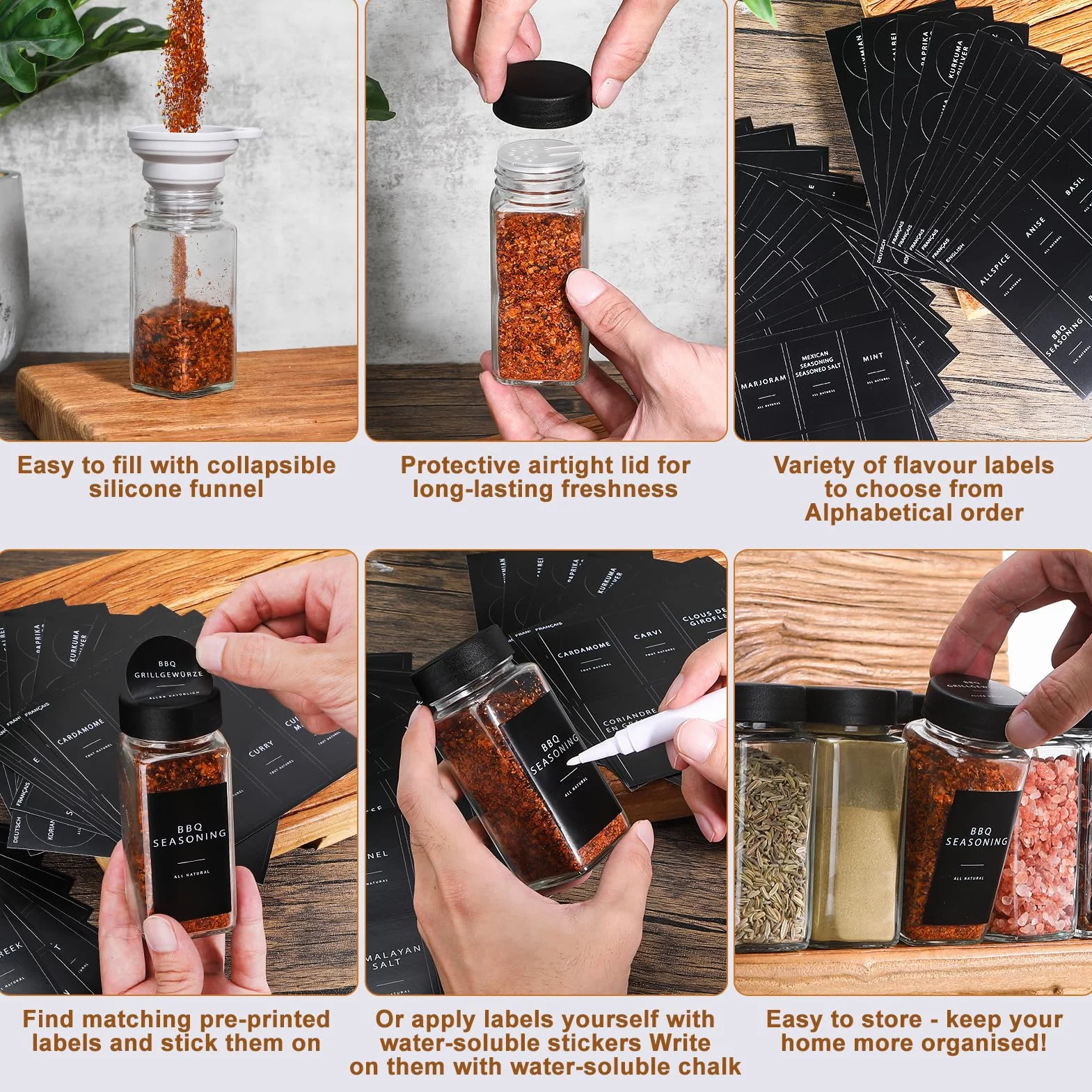 Bocaux à Épices 24 Pièces en Verre 120ml avec Tamis, Étiquettes Françaises et Entonnoir