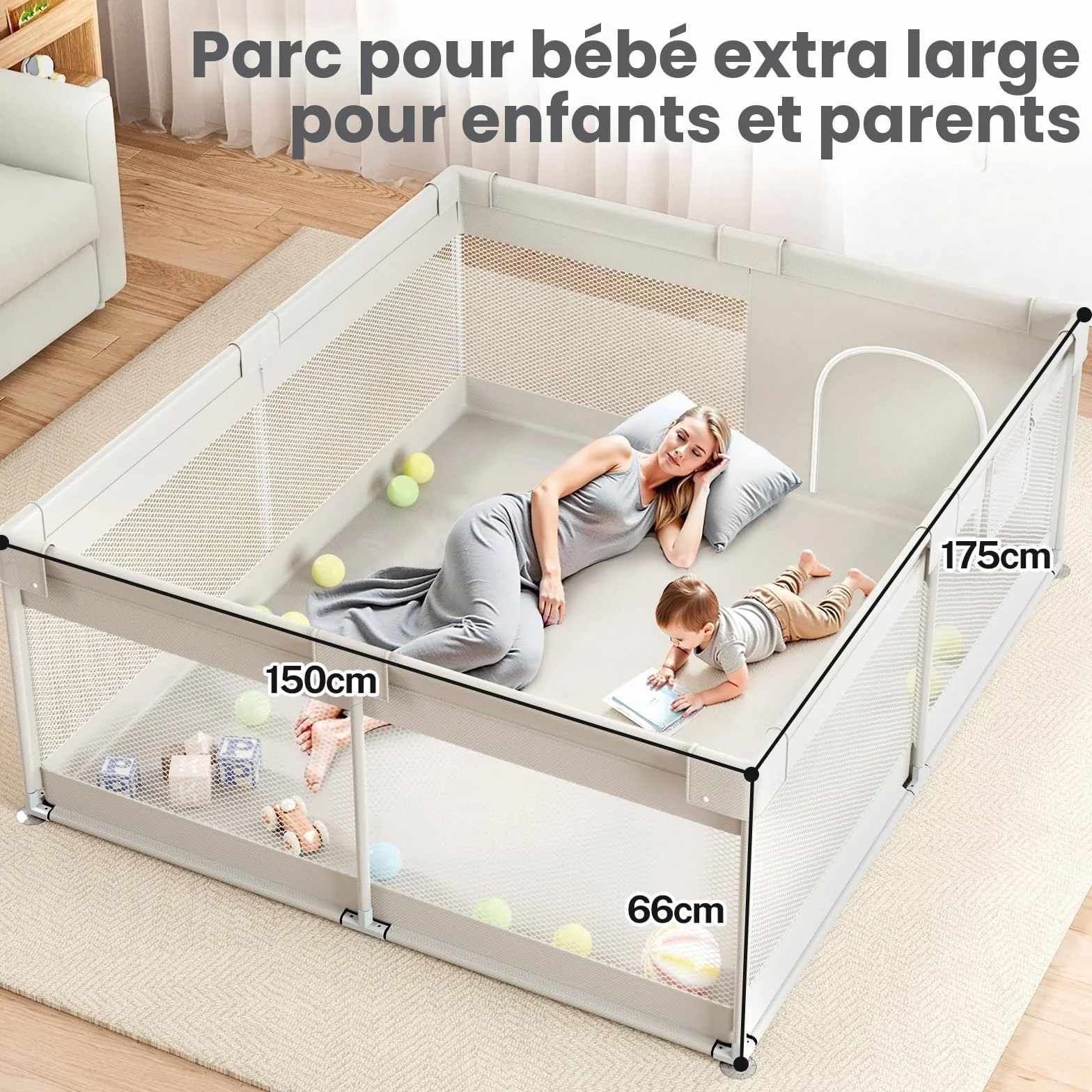 Grand parc pour bébé 175x150x64 cm XXL avec filet respirant antidérapant pour salon et jardin
