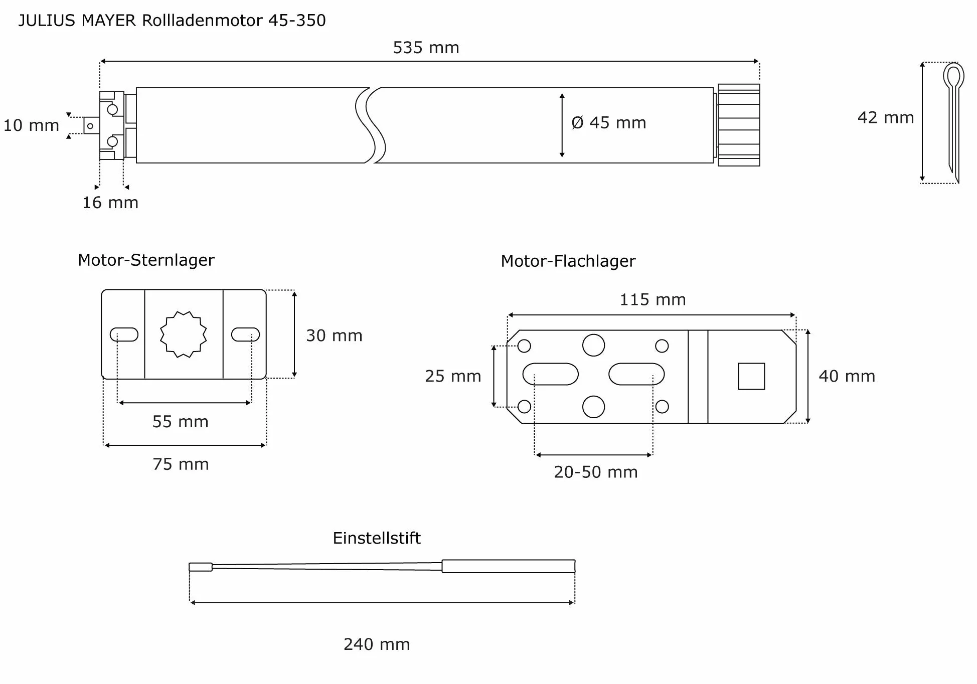 JULIUS MAYER Moteur pour volets roulants JM45-350 SW60 Force de traction 35 Nm / 65 kg SW60 Économique Sans entretien Très silencieux Avec accessoires
