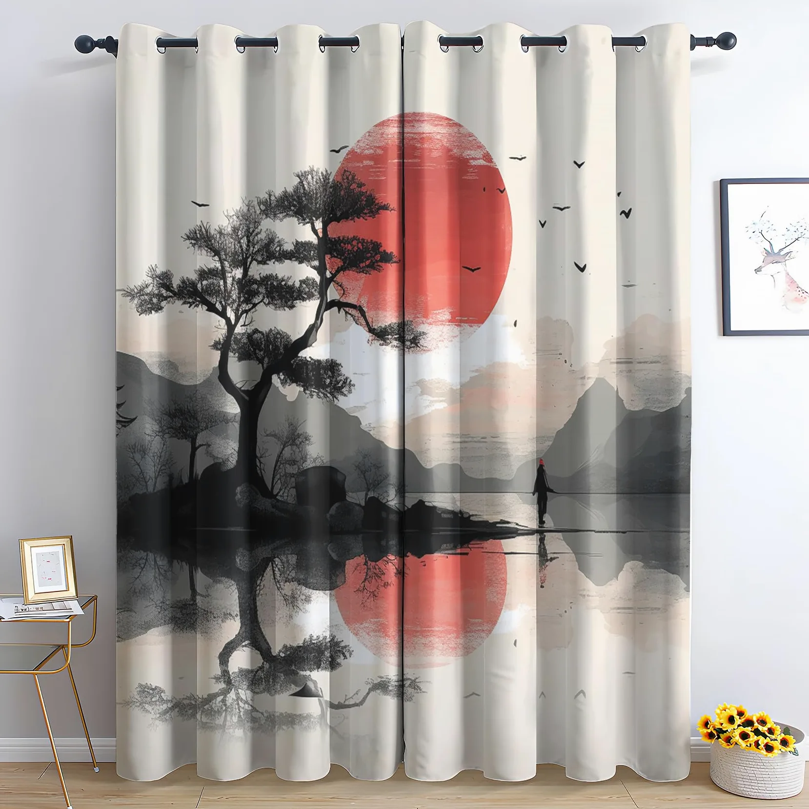 Rideau Occultant Paysage, Rideau Isolant Thermique pour Salon Chambre, Rideaux Motif Japonaise, Rideau Opaque à Oeillets, Lot de 2 Rideaux et Draperies Intérieur 140x240cm LxH