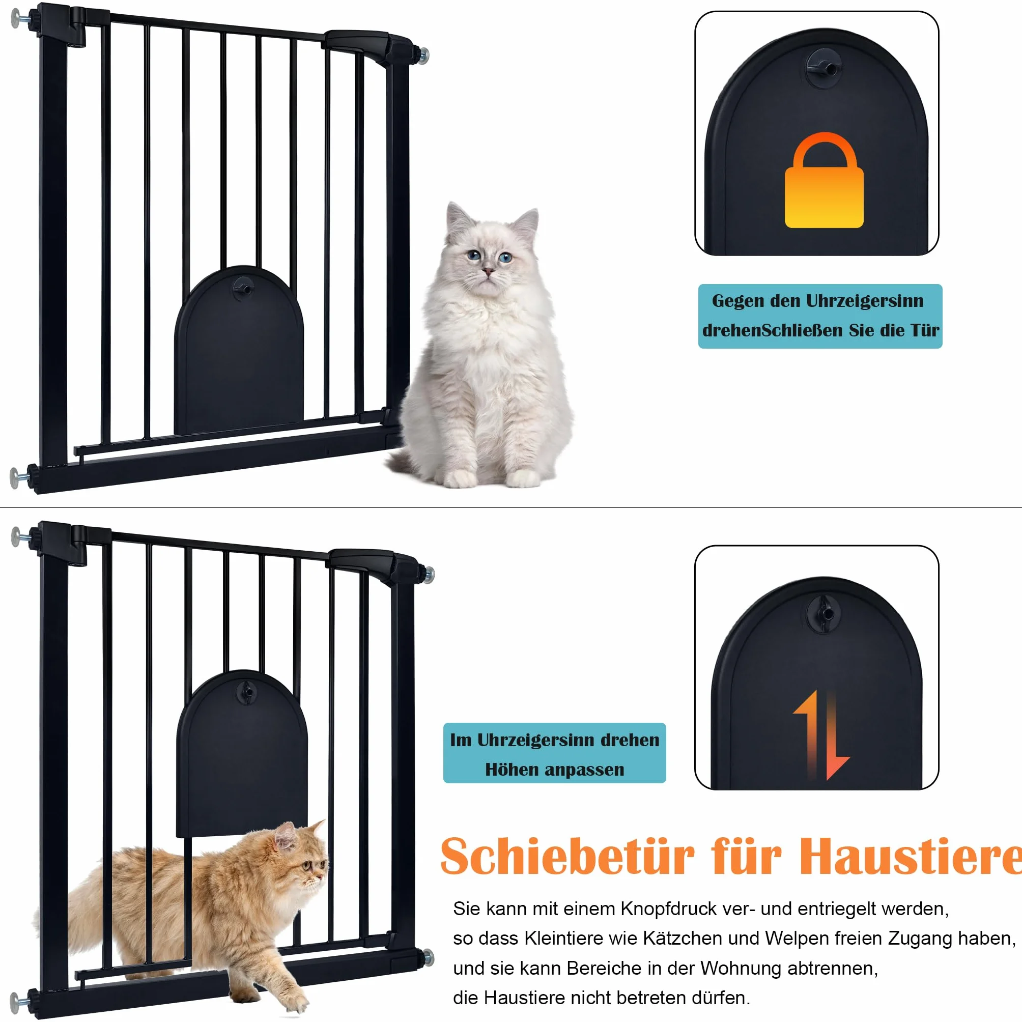 Aufun Barrière de sécurité Enfants sans perçage 85-95 cm avec Fixation à Pression Fermeture Automatique métallique pour Chiens avec chatière Noir