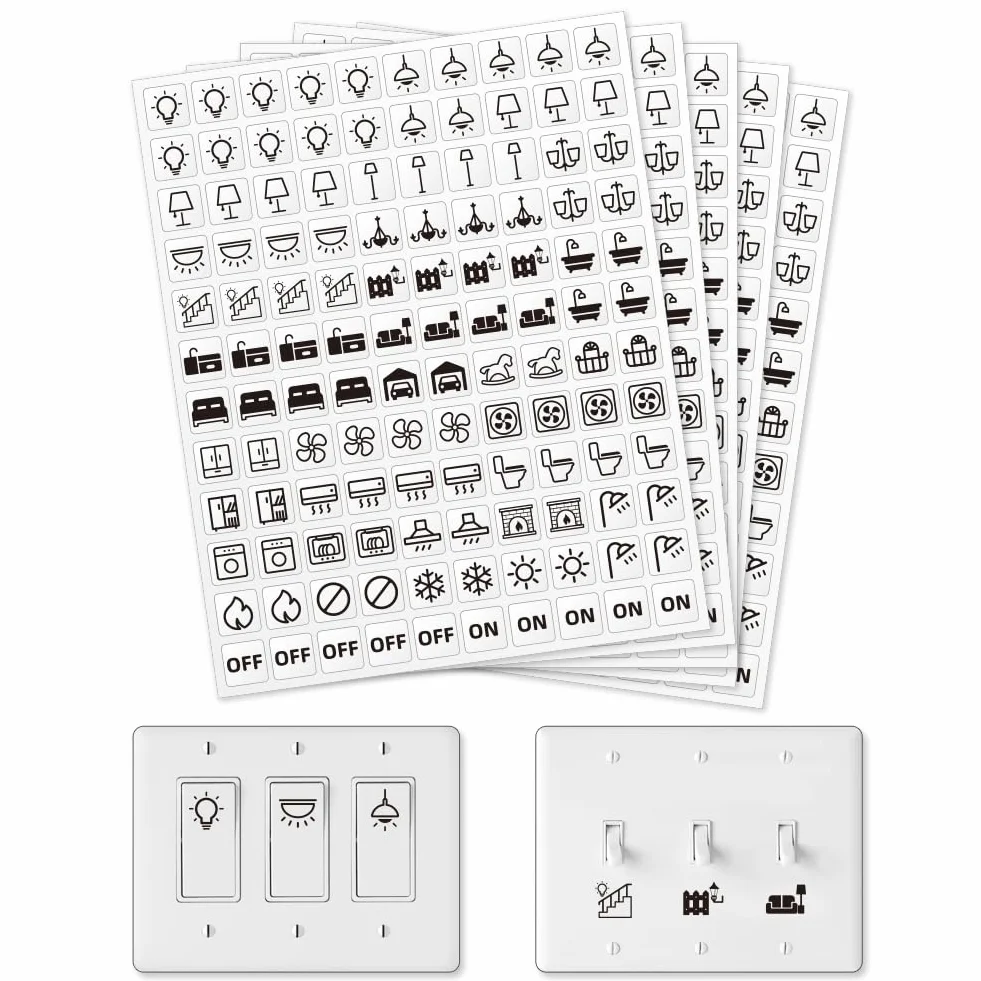 600 Étiquettes Autocollantes pour Interrupteur 33 Modèles Transparents 15 x 15 mm pour Maison Cuisine Salle de Bains