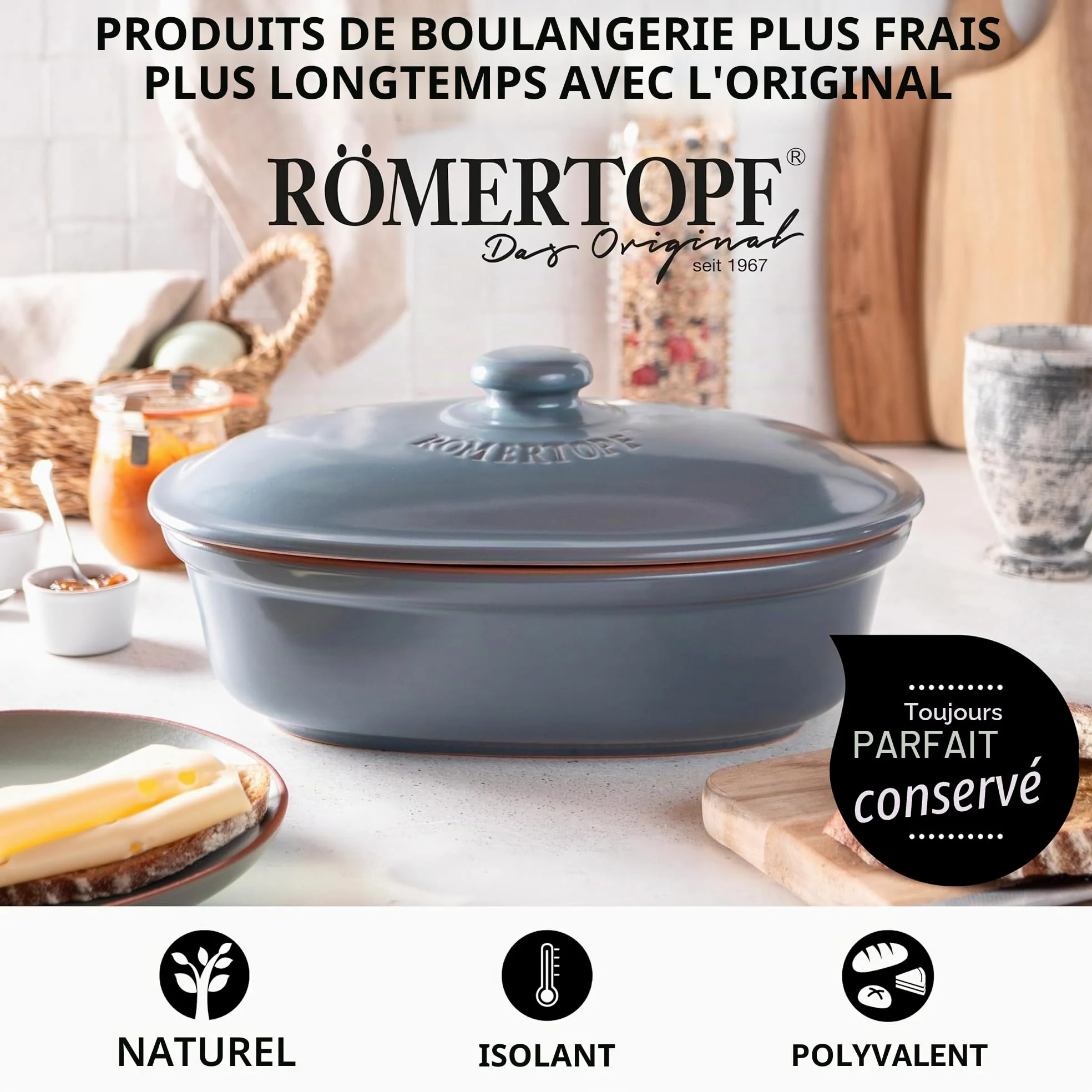 Römertopf Pot à pain en céramique naturelle, idéal pour ranger le pain et les pâtisseries 30x21x14,5 cm bleu-gris