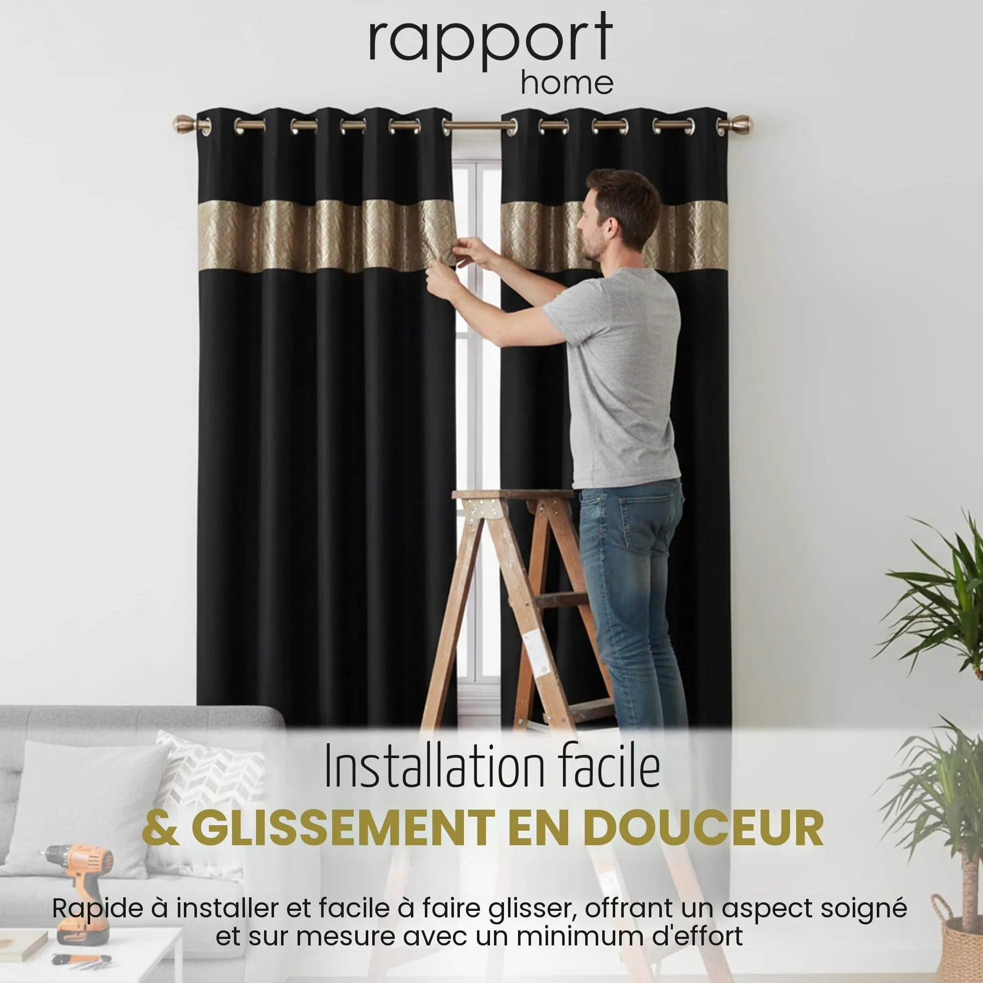 Rapport Capri Paire de Rideaux à œillets en Velours Noir/doré 168 x 183 cm