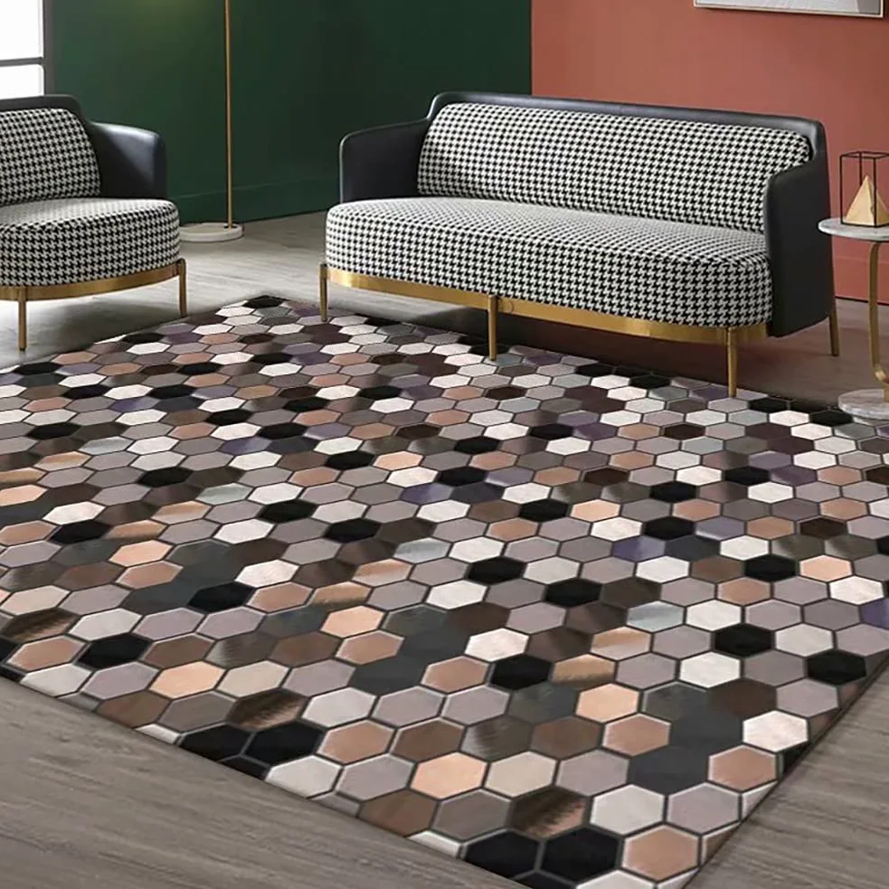 Tapis shaggy pour salon et chambre à coucher - Motif géométrique moderne rétro patchwork - Idéal pour couloir, table de chevet et bureau