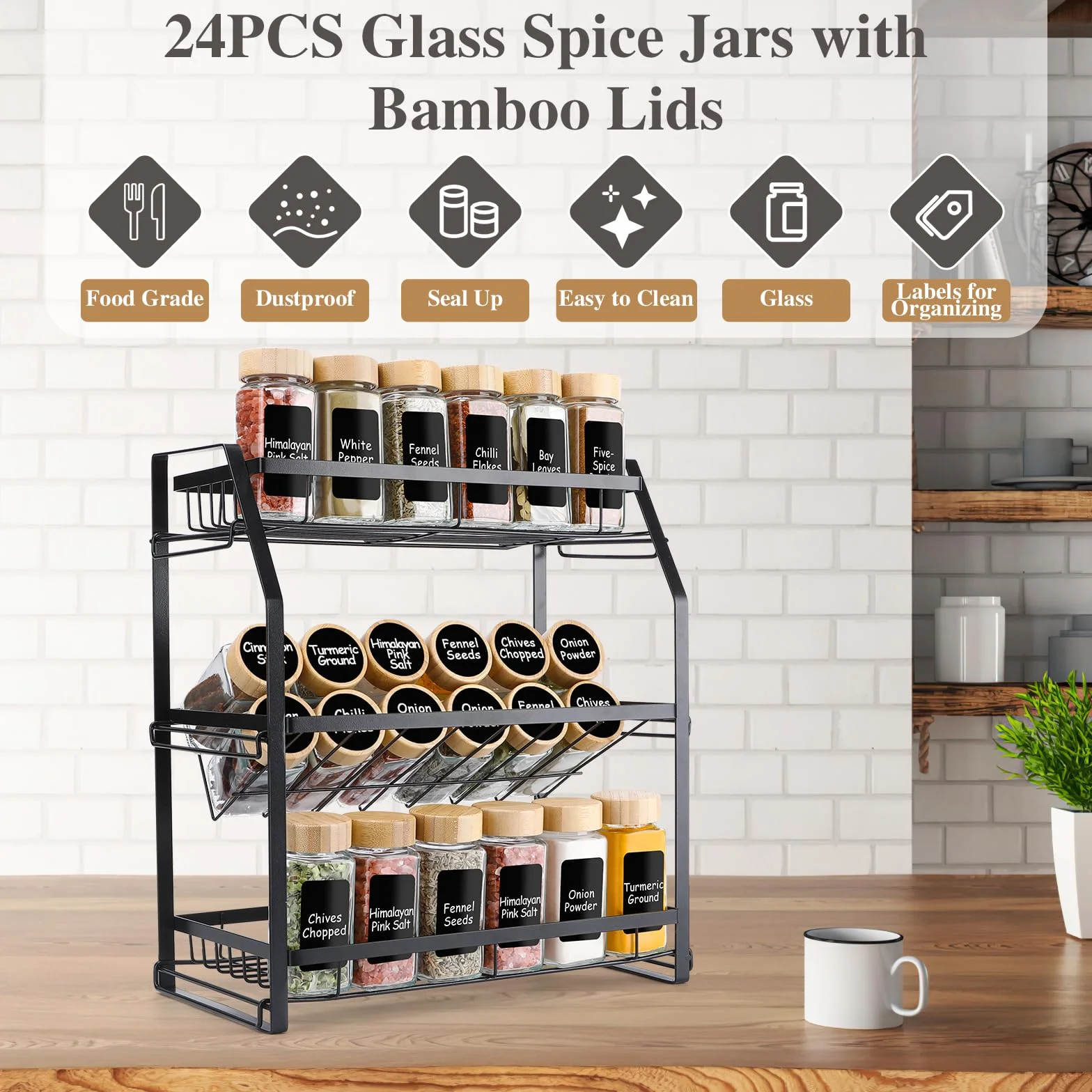 Lannvan Pot à Épices en Verre et Bois, 24x120ml, Pot Épices Carré avec Couvercle Bambou, Bocaux Épices Cuisine, 310 Étiquettes Vierges