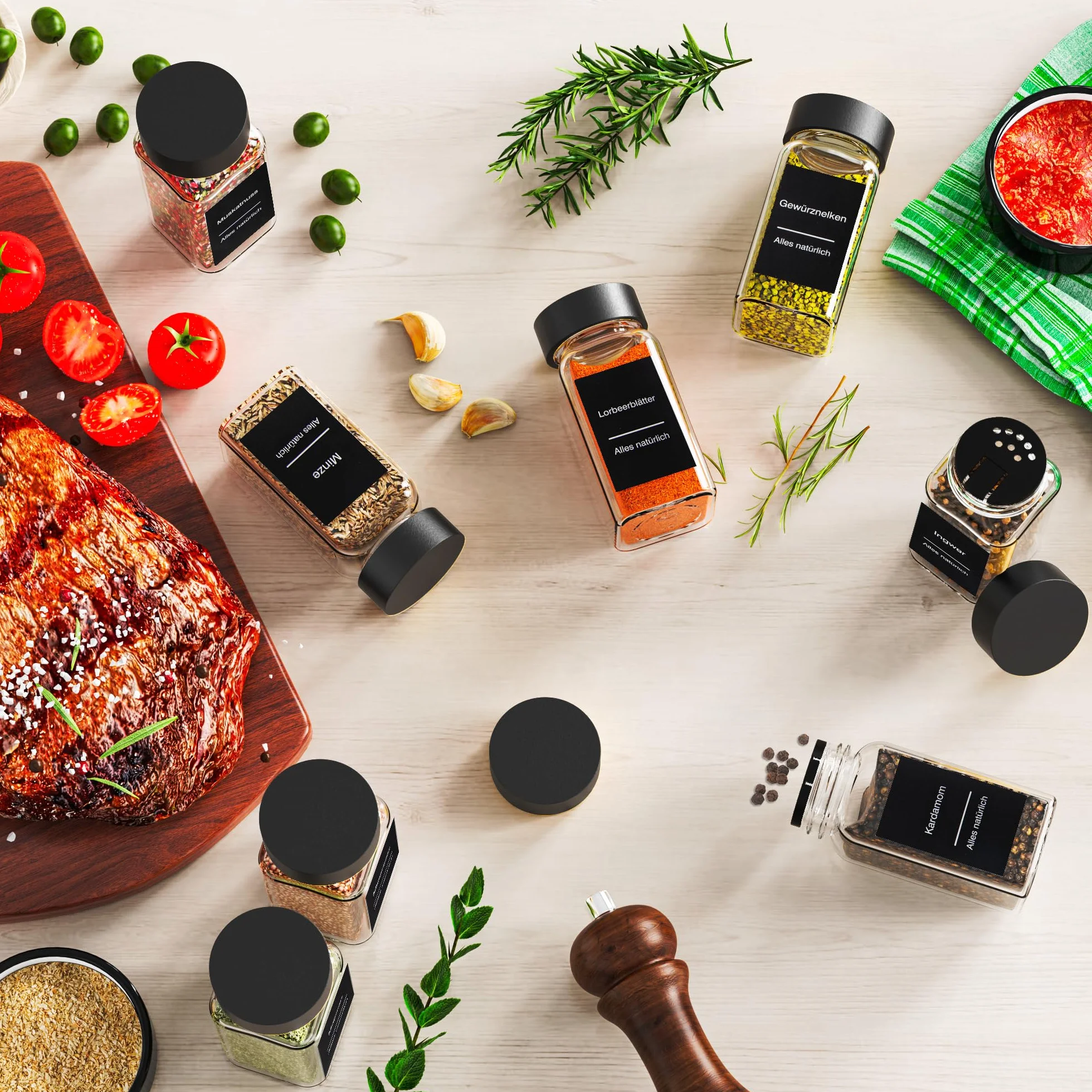 Pots à épices carrés 120 ml lot de 24 avec couvercles, inserts saupoudre, entonnoir, passoire et 340 étiquettes