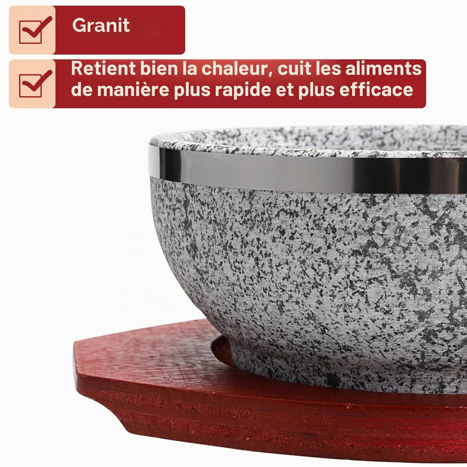 Lot de 2 bols à soupe en pierre coréenne avec plateaux en bois Dolsot Bibimbap en granit