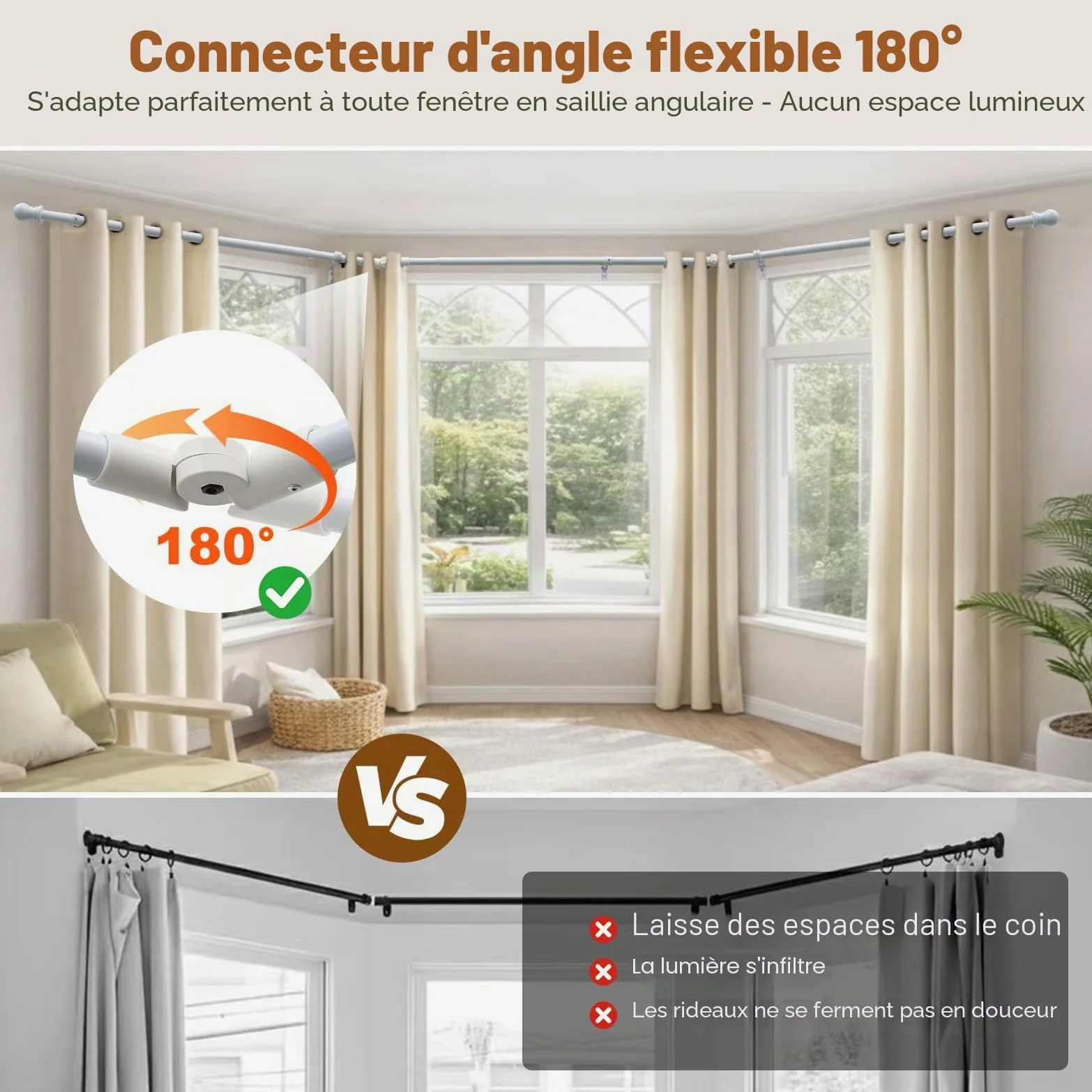 Tringle à rideaux d'angle réglable et robuste en forme de U avec supports pour fenêtres – 91,4 à 406,4 cm – Blanc