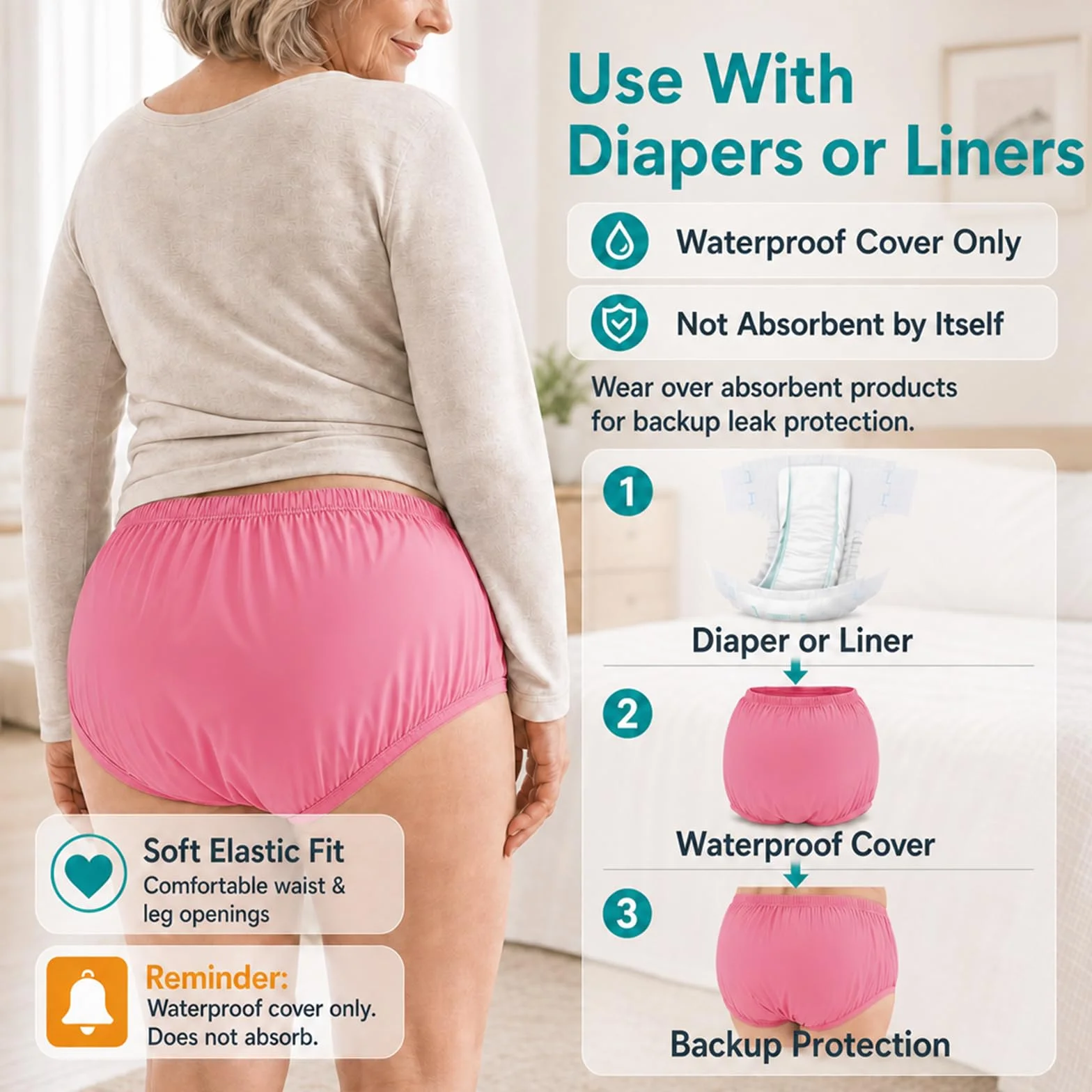 AQX Culottes étanches incontinence adulte lavables réutilisables taille M rose