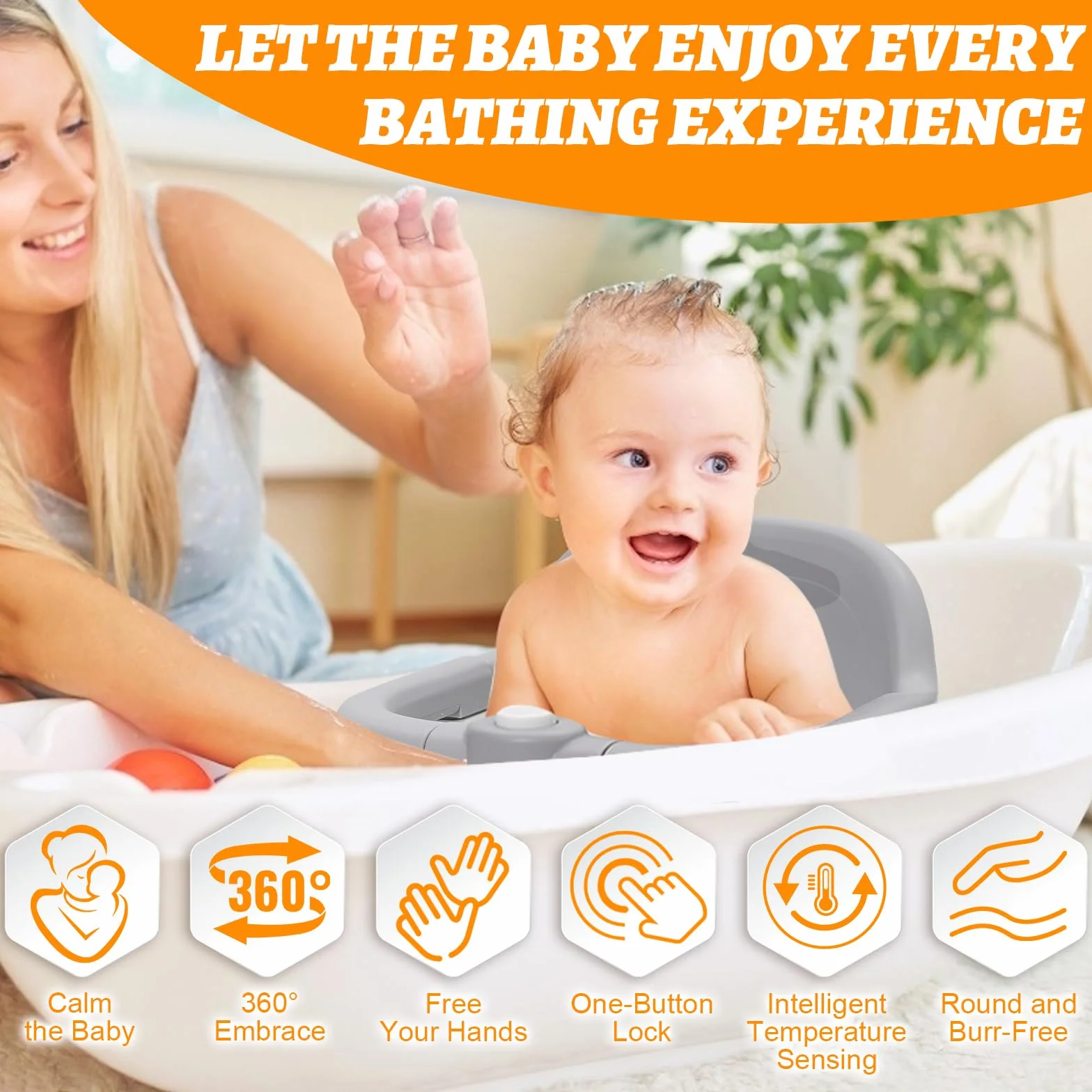 Siège de Bain Bébé 6 Mois et Plus, Anneau de Bain avec 4 Ventouses Puissantes, Antidérapant, Transat de Bain 6-24 Mois, pour Douche ou Baignoire (Gris)