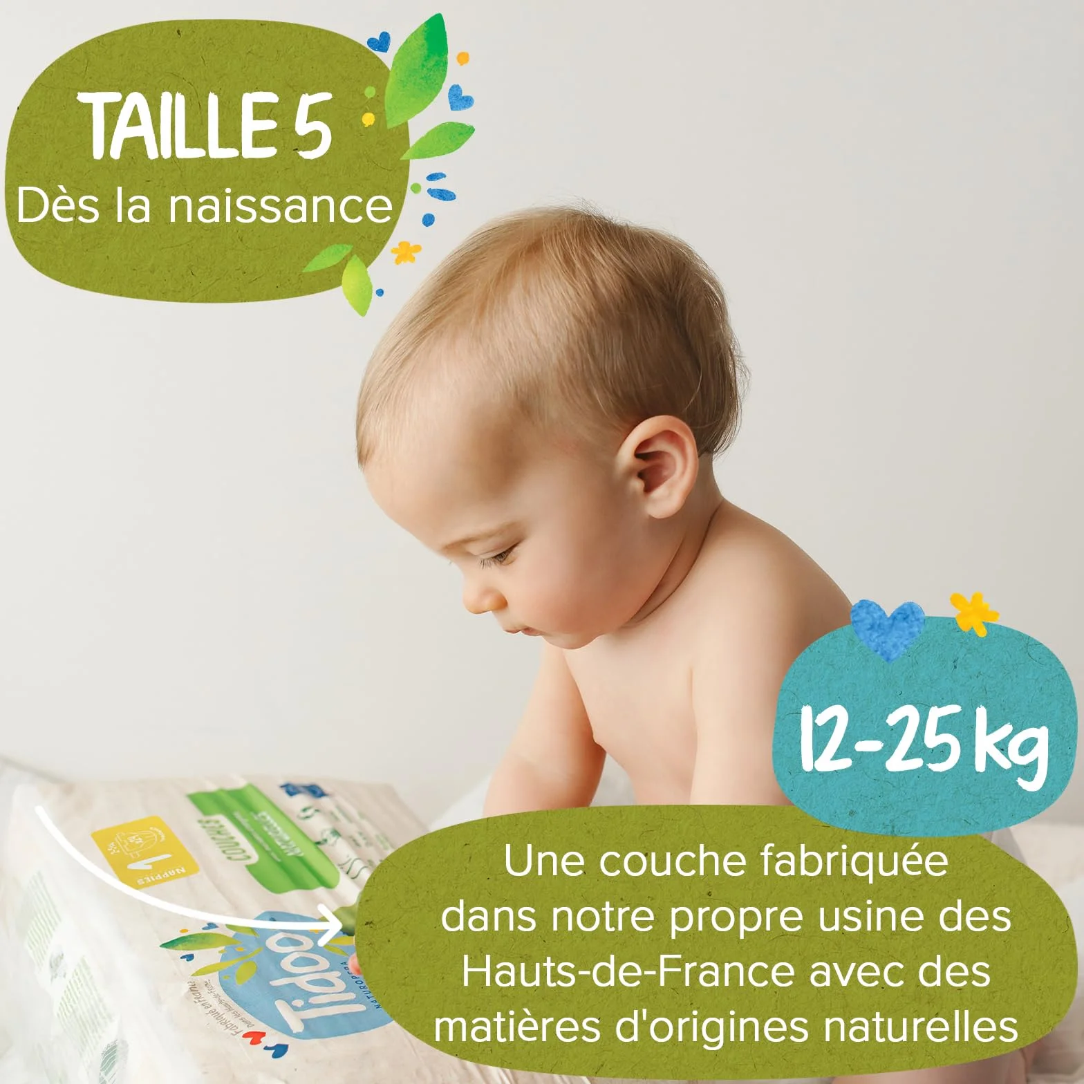 Couches écologiques Taille 5 12-25kg 120 Couches Jetables Pack 1 Mois Fabriquées en France