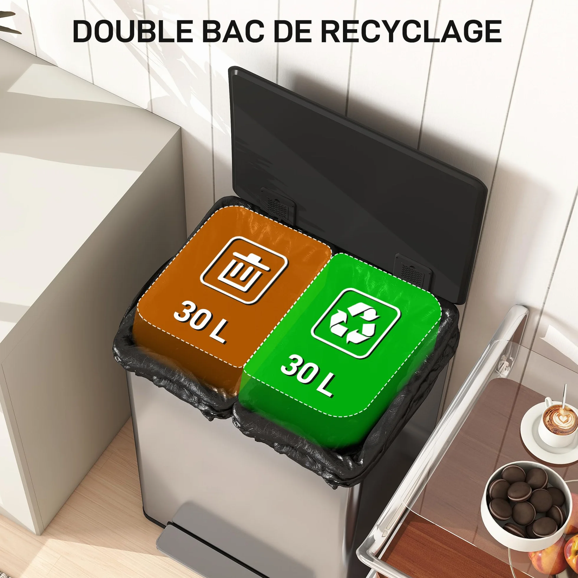 HOMCOM Poubelle double compartiment 2x30L acier inoxydable cuisine pédale tri sélectif