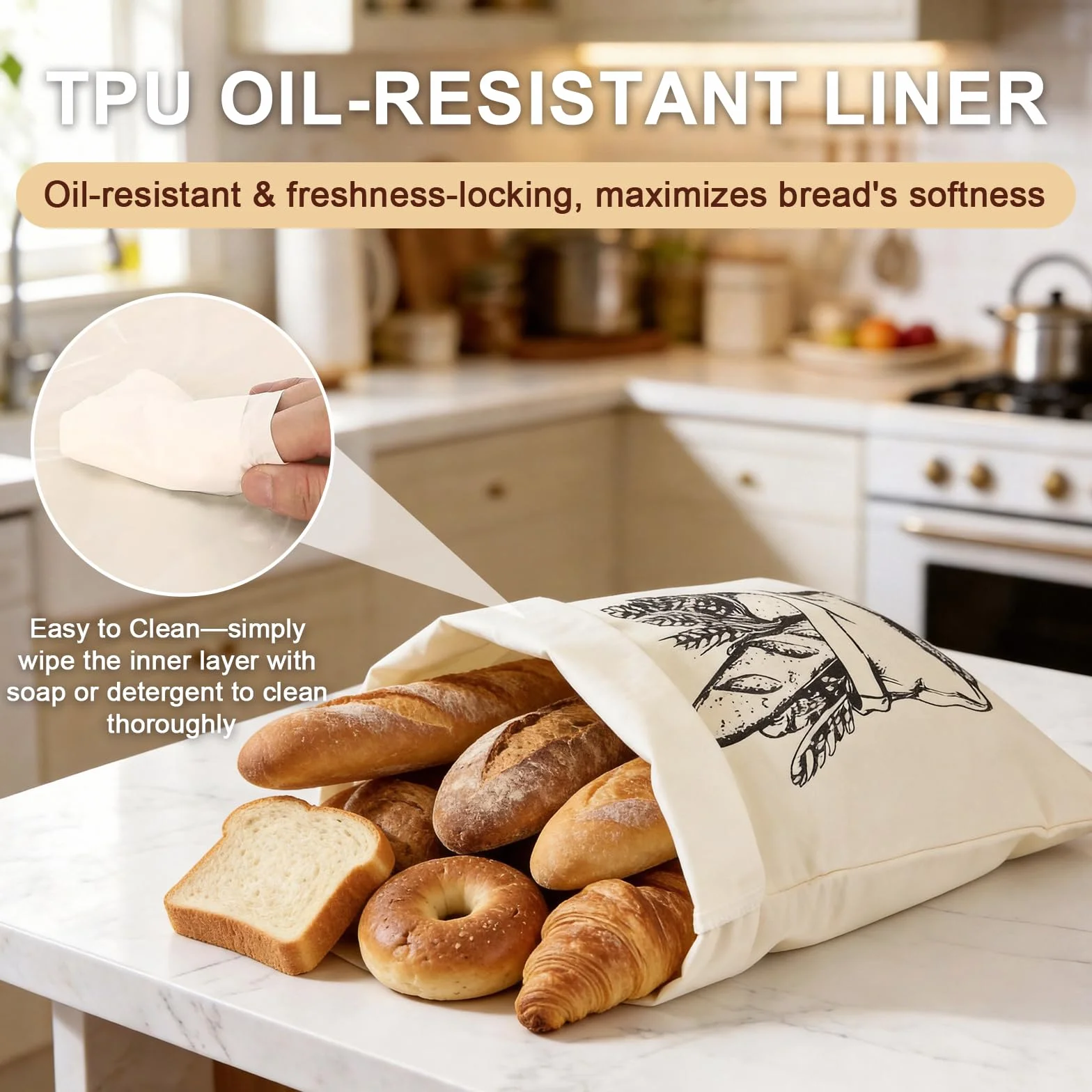 Lot de 2 Grands Sacs à Pain Cire d'Abeille en Lin 45x35 cm avec Doublure TPU Durable