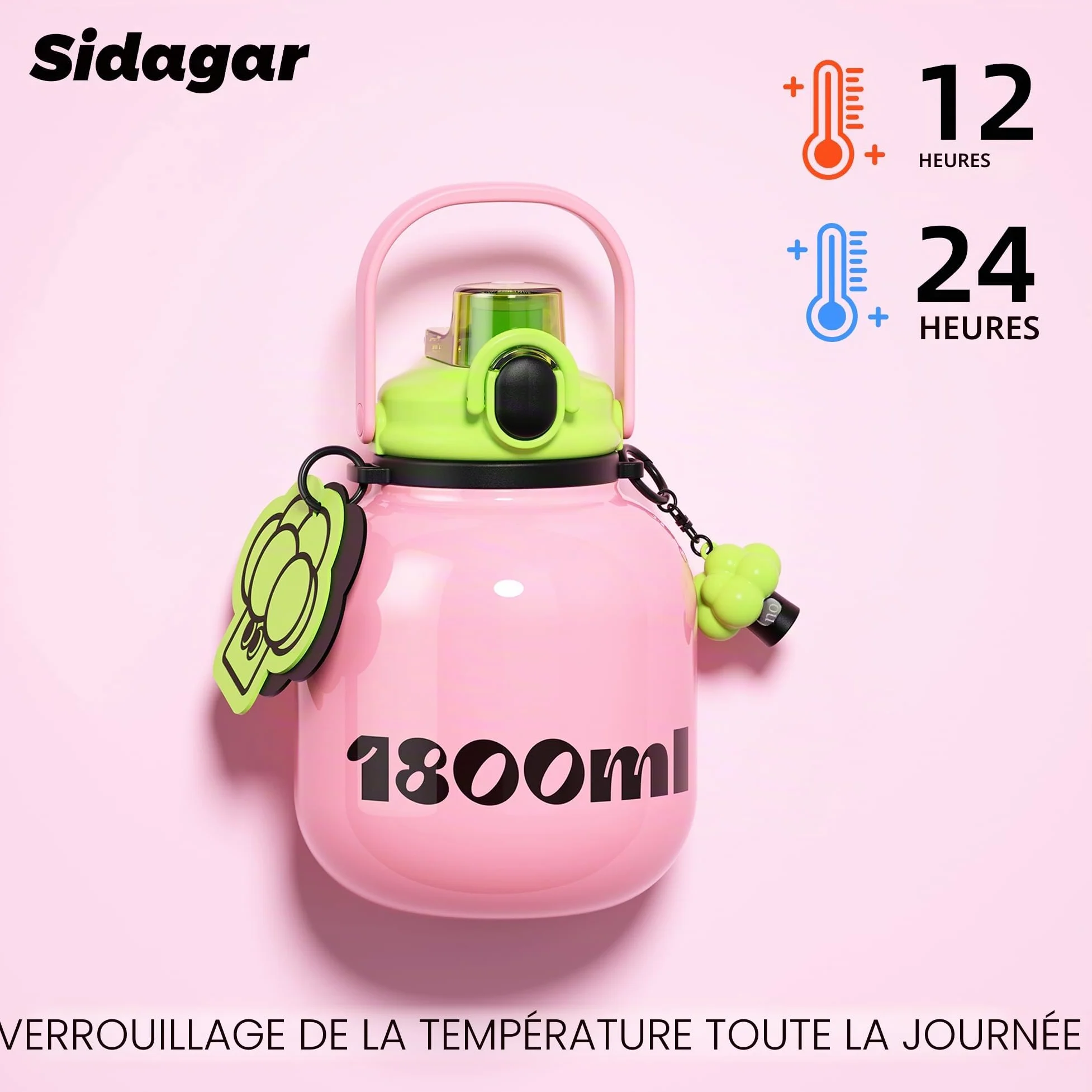 Gourde Isotherme 1,8L avec Paille et Poignée, Bouteille d’Eau Inox avec Bandoulière, Grande Capacité, Anti Fuite, Idéale Sport, Bureau et Déplacements, Rose Poudré