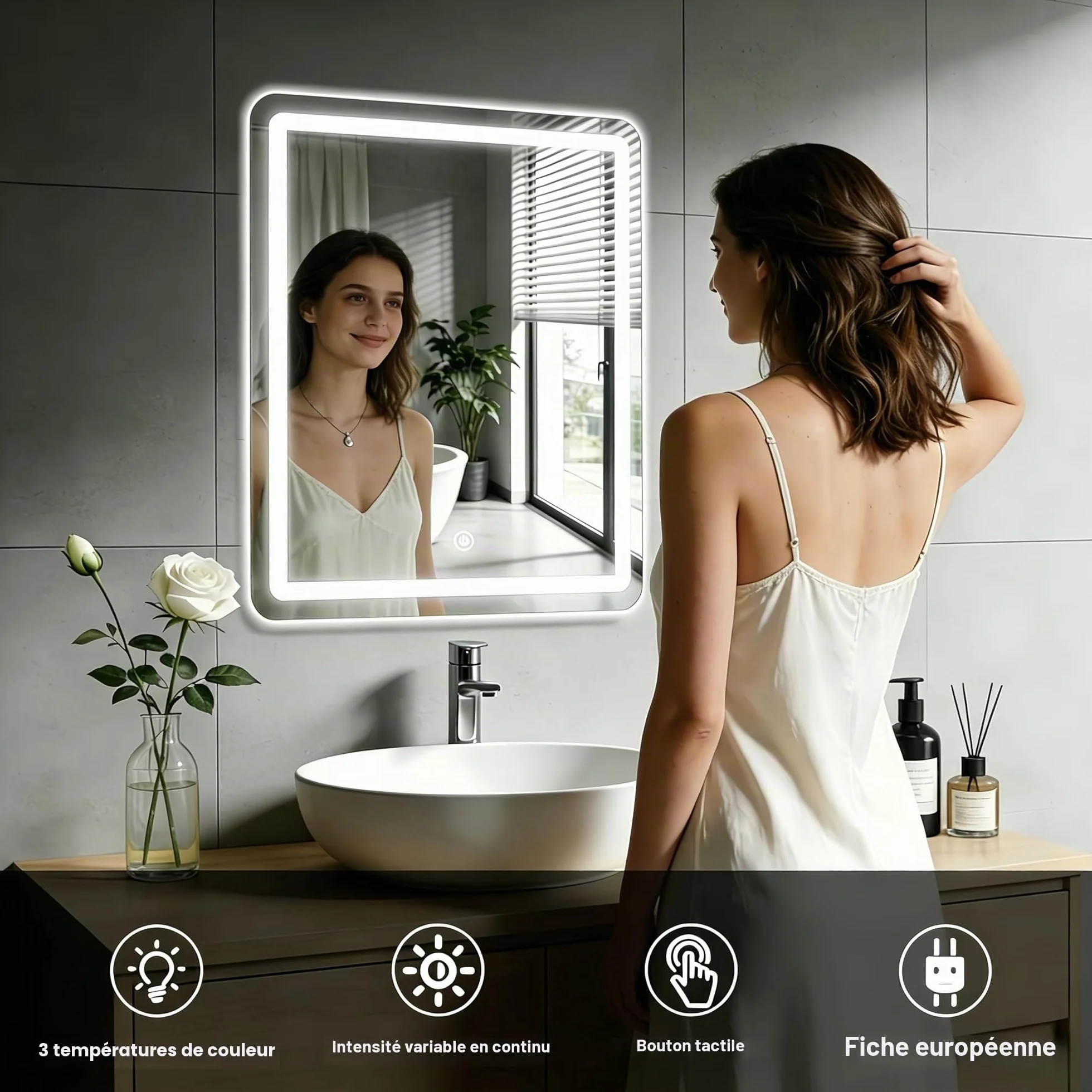 Miroir Mural Salle de Bain LED 60x45 cm 3 Couleurs Intensité Variable Interrupteur Tactile