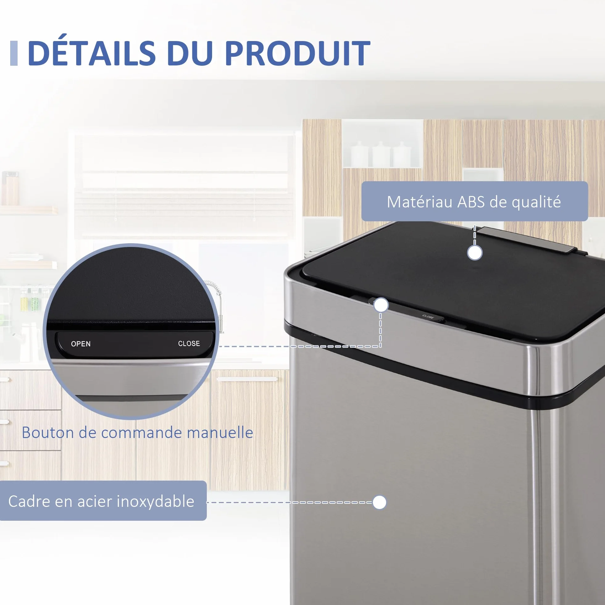 HOMCOM Poubelle de cuisine automatique Tri Sélectif 72L 3 compartiments acier inox 42 x 30 x 81 cm