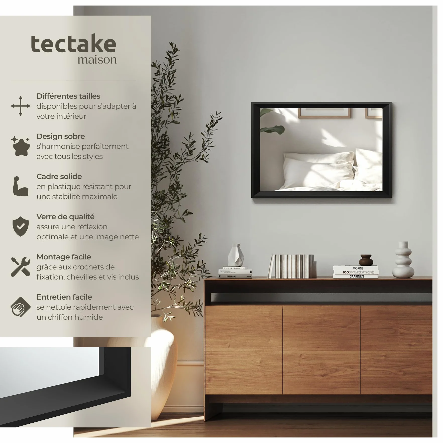 Tectake Miroir Mural Cadre Noir Plastique 40x60cm Design Industriel Décoration Chambre Salon