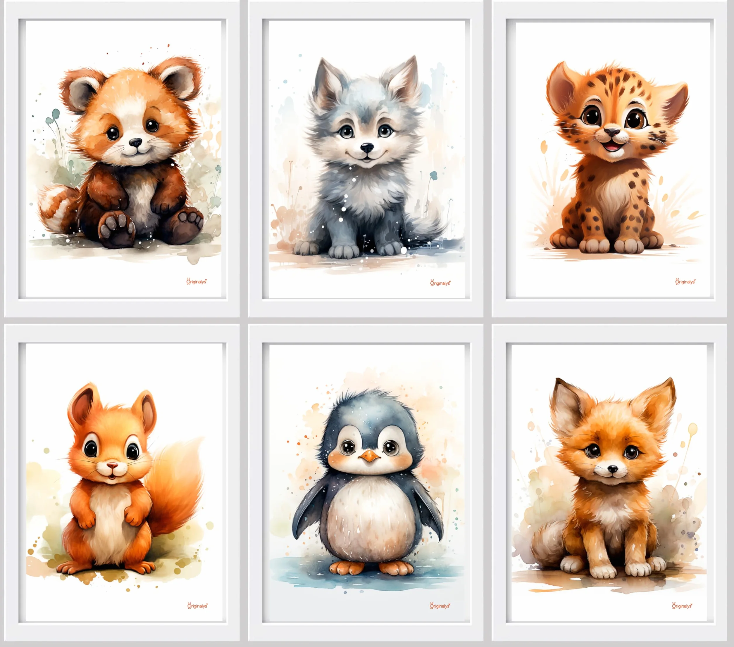 Lot de 6 affiches A4 Animaux Loup Écureuil Guépard Panda rouge Renard Pingouin pour chambre d'enfant