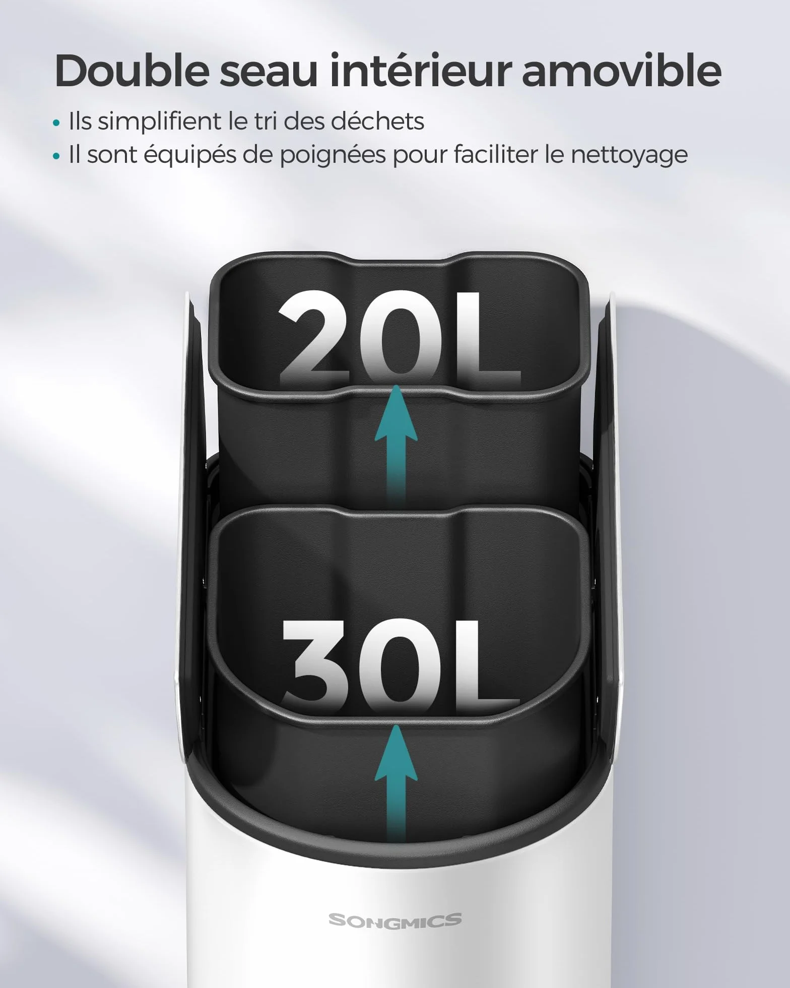 SONGMICS Poubelle Double 30L 20L 2 Compartiments Tri Recyclage Déchets Pédale Couvercles Ailes Blanc Nuage Argent Métallique LTB570W02