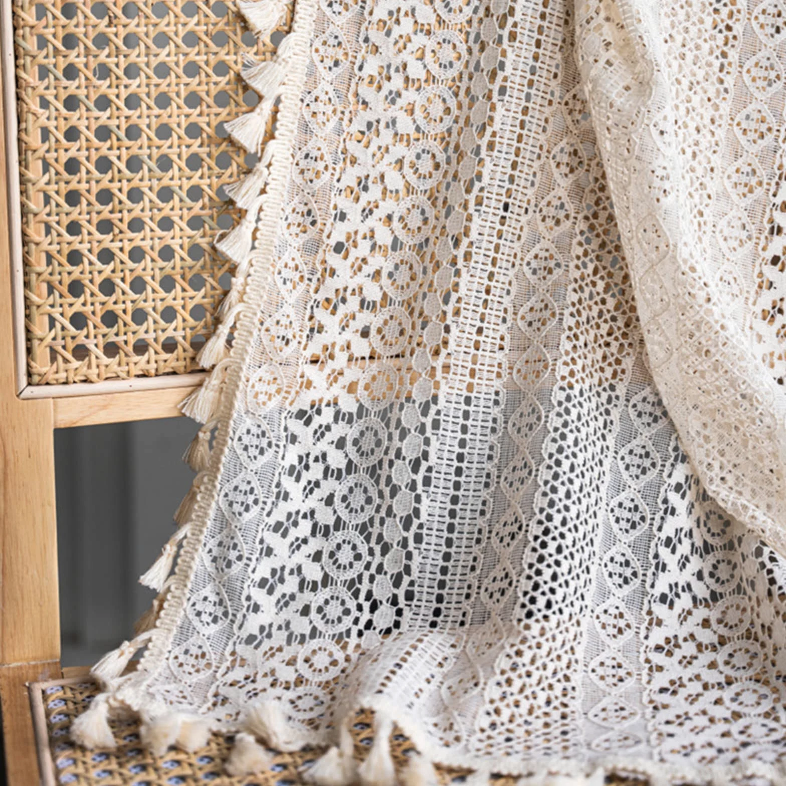 Tospass Vintage Style Rideau Boho Bohème Rideaux Beige Semi-Transparent avec Gland 2 pièce Rideaux Extérieur Coton pour Salon Chambre Rideaux Moderne 150x160 cm