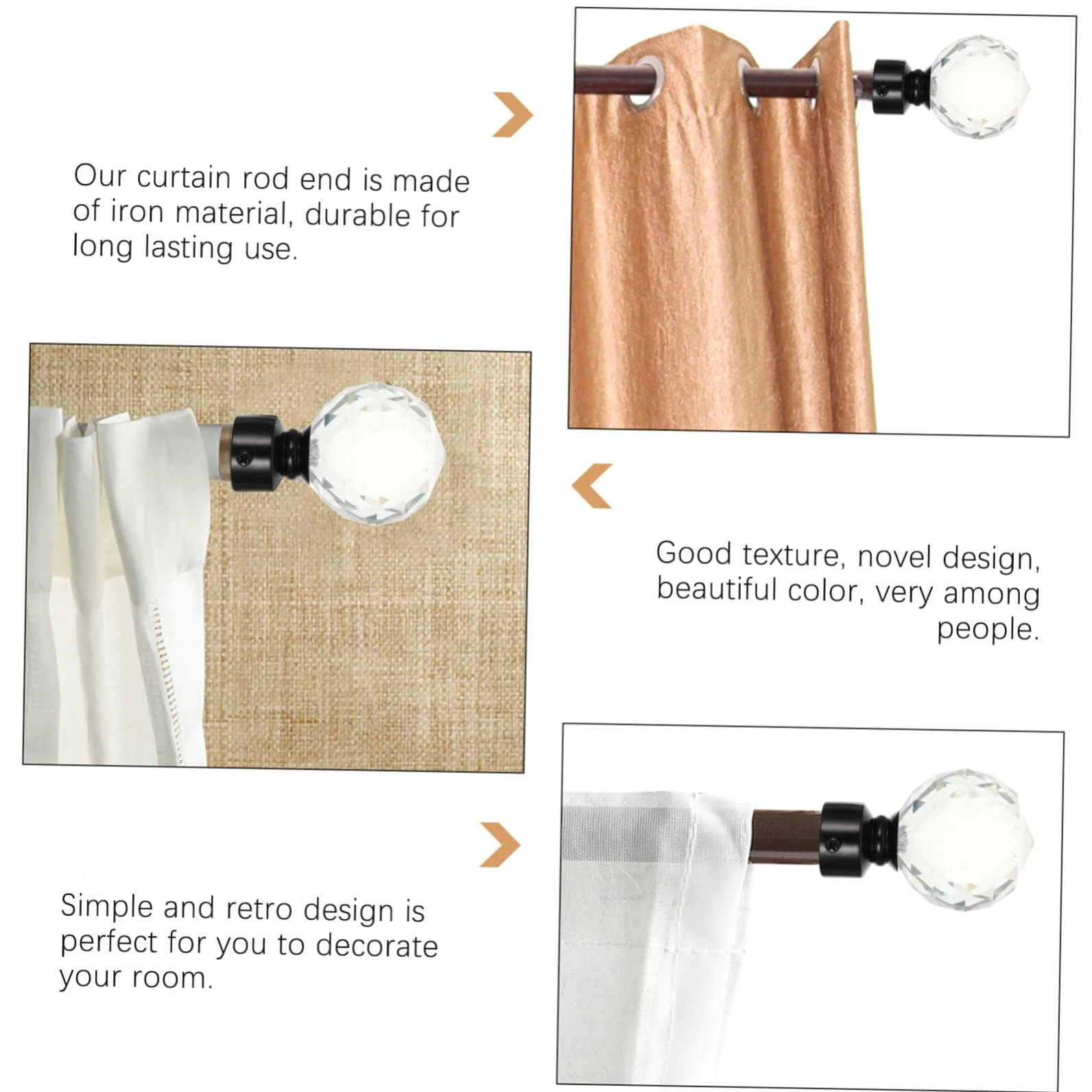 Veemoon Embouts de Tringle à Rideaux en Cristal, Lot de 2, Fer Noir | Style Simple Rétro, pour Maison et Chambre, Accessoires de Finition pour Tige de Rideau