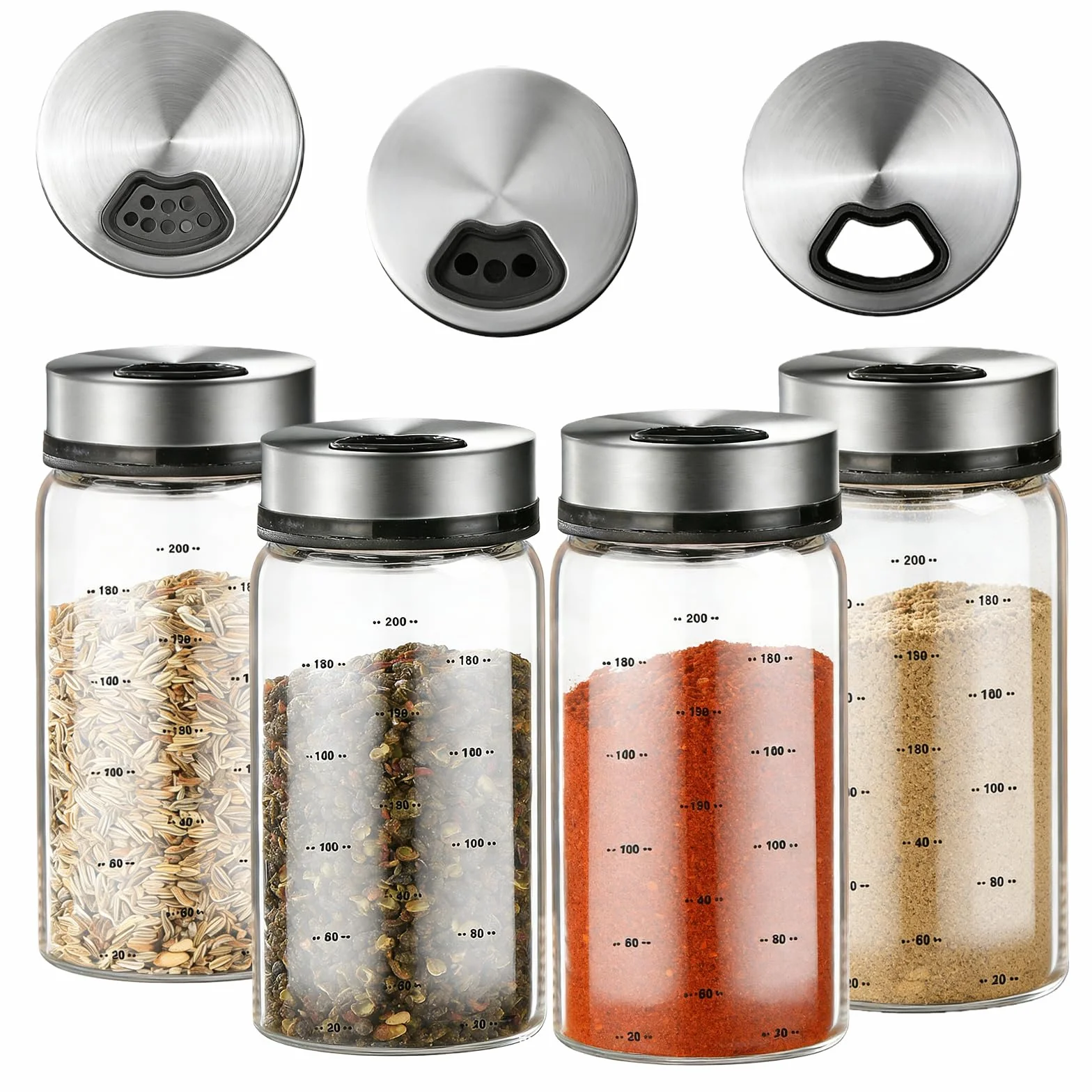 Lot de 4 pots à épices 200 ml en verre borosilicate avec couvercle rotatif acier inoxydable 304 pour cuisine