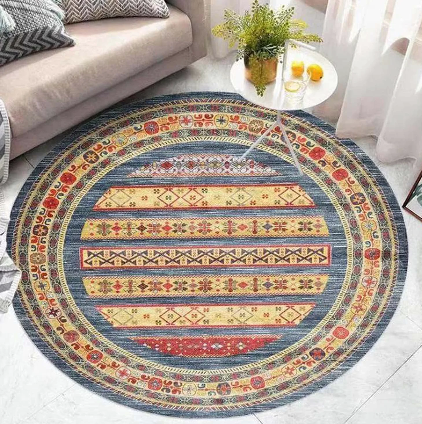 Dhao Cotton Tapis Rond Lavable en Machine Motif Mandala Européen pour Salon Chambre à Coucher Bureau Style Folk Épaississement Différentes Tailles Tapis Ø 200 cm