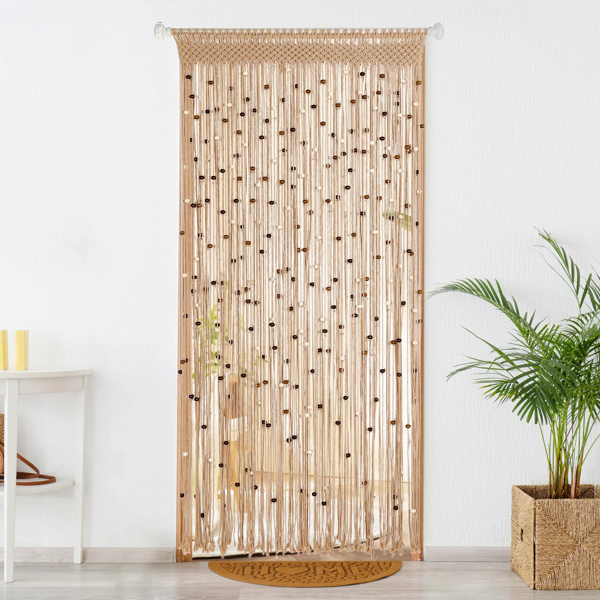 BECHAEO Rideau de perles en macramé fait à la main en coton pour porte, fenêtre, perles en bois et pompons à suspendre, séparateur de pièce, couloir, placard, chambre à coucher, décoration d'intimité,