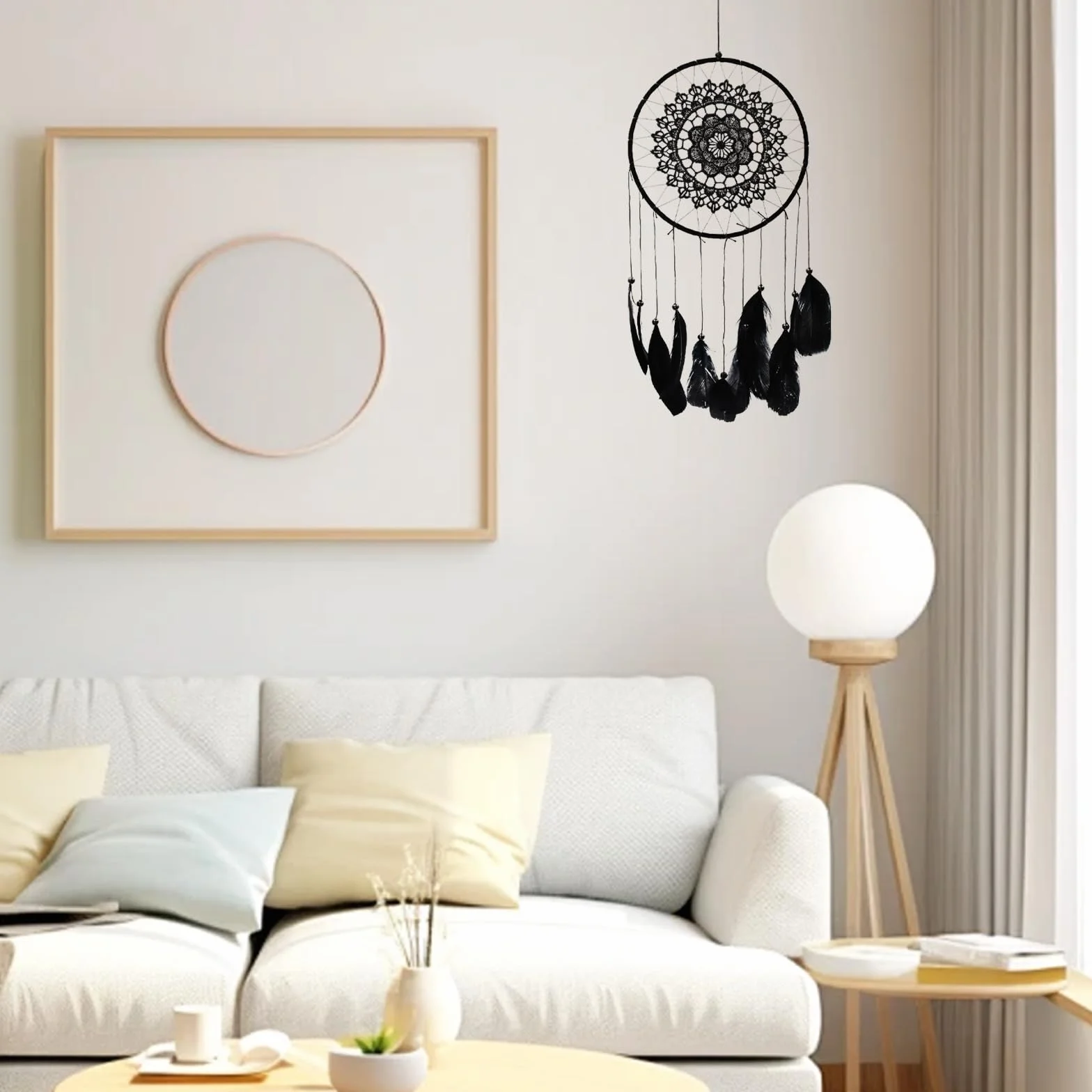 Attrape Rêve Fait à la Main avec Plumes et Perles, Suspendu pour Chambre à Coucher, Cadeau Artisanal (Noir)