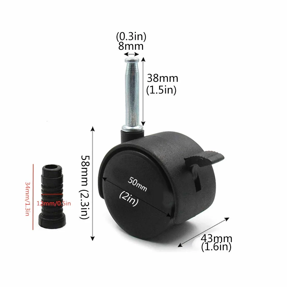 Roulettes de Lit d'enfant en Caoutchouc 2" 4pcs Pivotantes Roue de Meuble Double Roue Charge 80kg Silencieux Noir-Frein