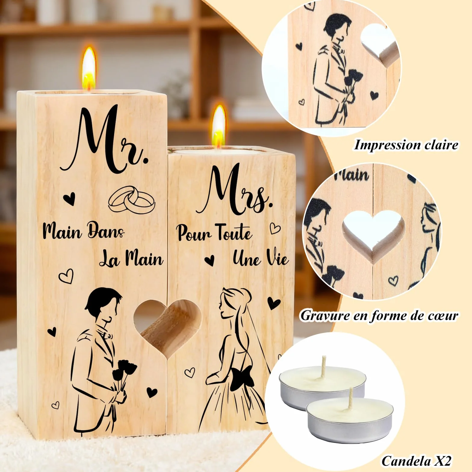 Cadeau Mariage Personnalisé - Mr Mrs Candélabre en Bois pour Couple Marié