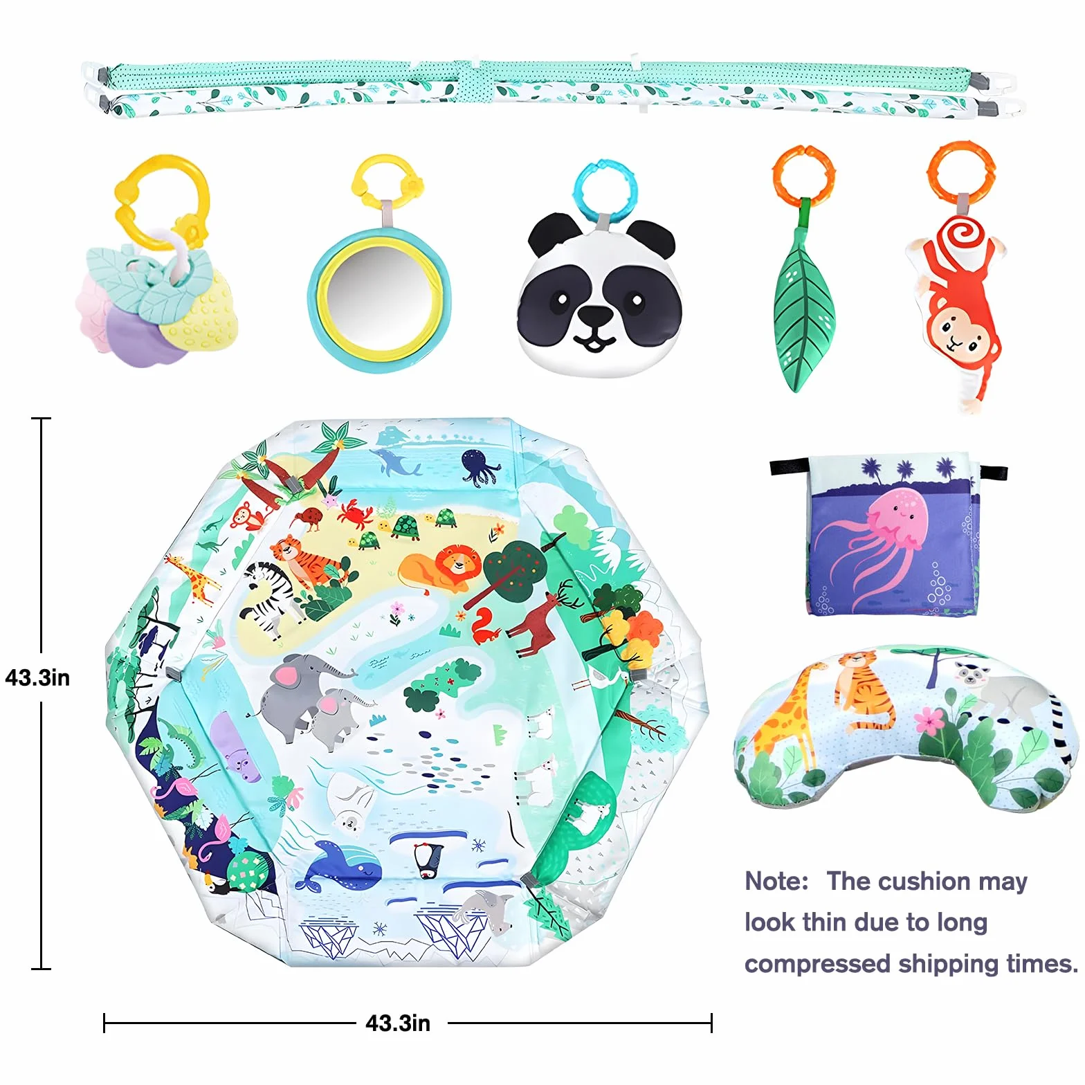 Tapis de jeu multifonctionnel pour nouveau-nés avec 8 jouets sensoriels détachables, facile à nettoyer, Tapis d'éveil et de jeux éducatif à jouer pour bébés à partir de 0 mois（Vert）