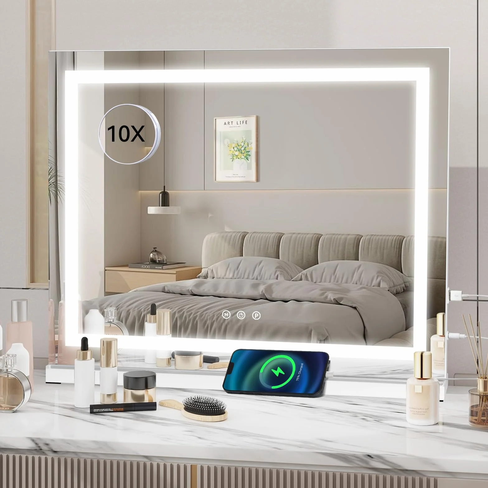 YOURLITE Miroir Maquillage Lumineux LED 58x45cm Hollywood 3 Températures de Couleur Tactile USB Loupe 10x