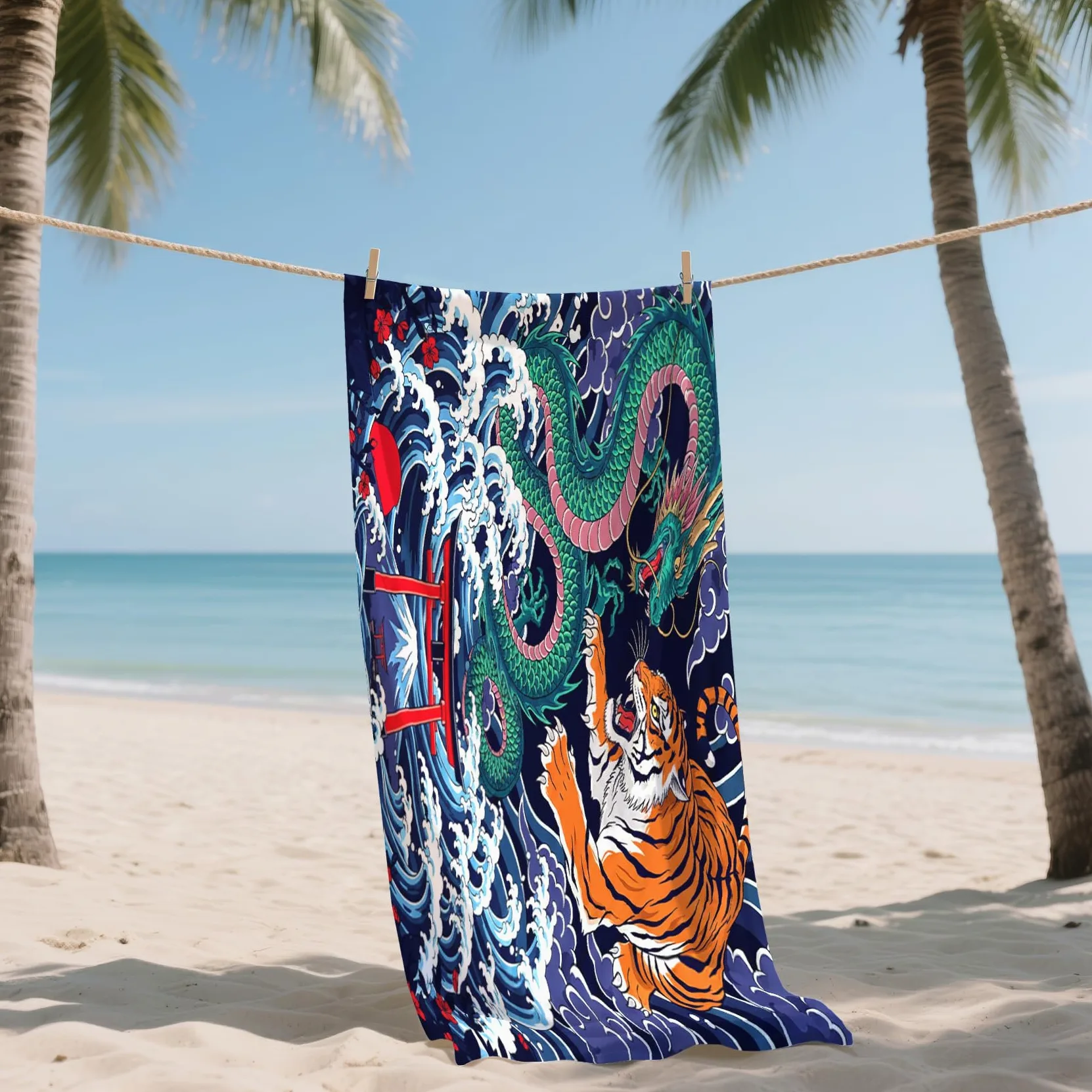 Serviette de Plage XXL Microfibre Dragon Tigre Style Japonais Torii Gate, Drap de Plage Séchage Rapide Anti Sable & Légère, Serviette de Bain Grande Taille 150x200 cm, Cadeau été