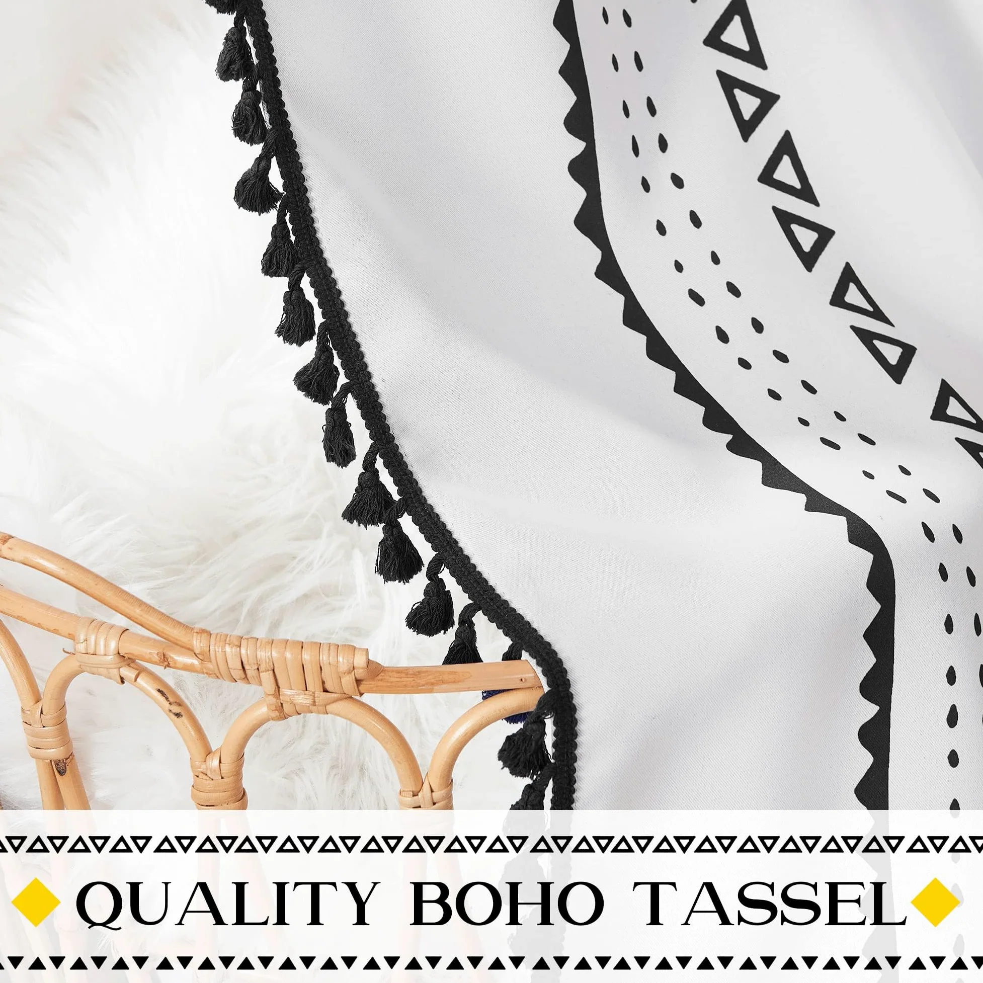 NICETOWN Rideaux occultants en macramé bohème blanc de 213,4 cm de long, 2 panneaux, rideaux à œillets décoratifs jaunes et noirs pour salon, chambre à coucher, 132,1 x 213,4 cm (l x L)