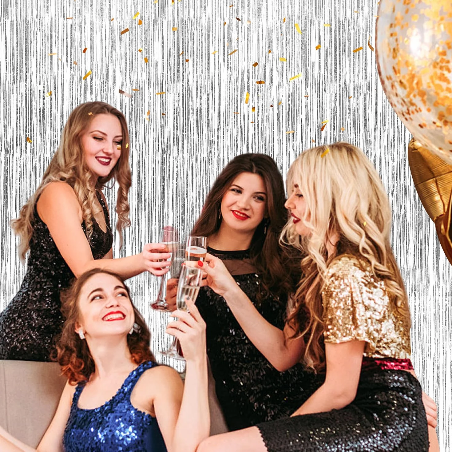 Rideau Métallique de Frange Argenté 12 Pièces 1m x 2m pour Fête Mariage Noël Halloween