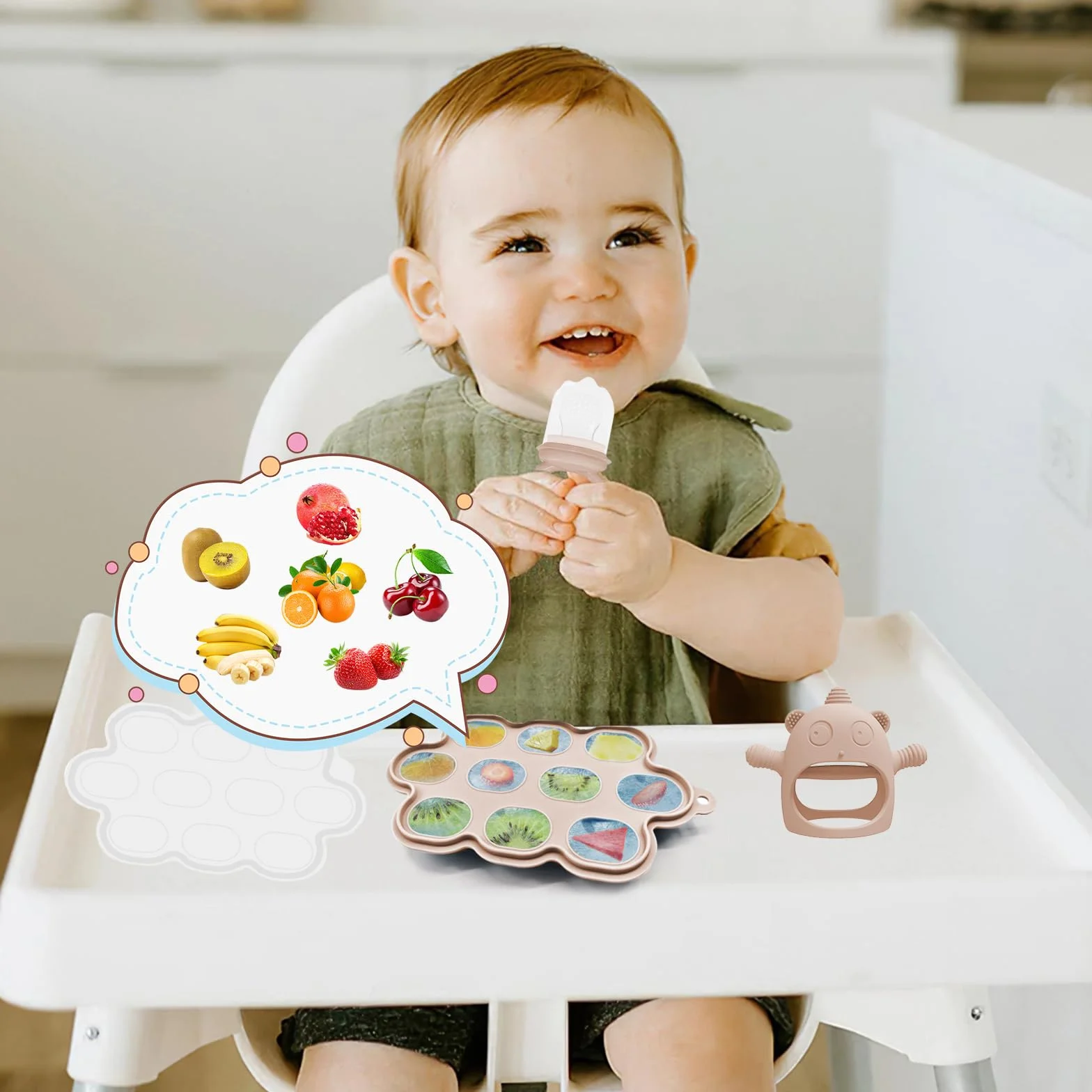 Coffret Repas Bebe Silicone 14 pièces Assiette Bol Fourche Cuillère Bavoir Tasse Set Couverts Vaisselle Sevrage Manger Beige