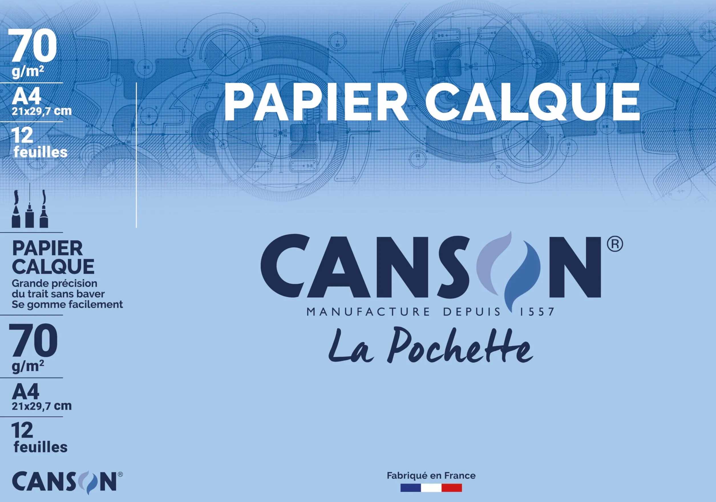 CANSON Papier Calque A4 70g/m² Pochette 12 Feuilles