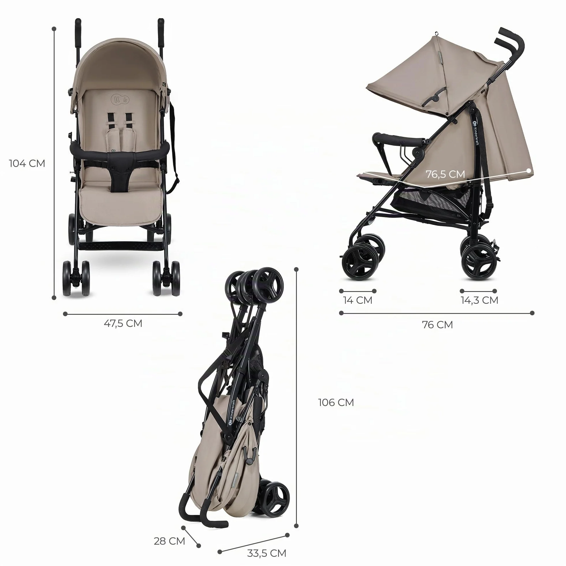 Kinderkraft TIK Poussette Légère 6,5 kg Poussette De Voyage Dossier Réglable 17kg Beige