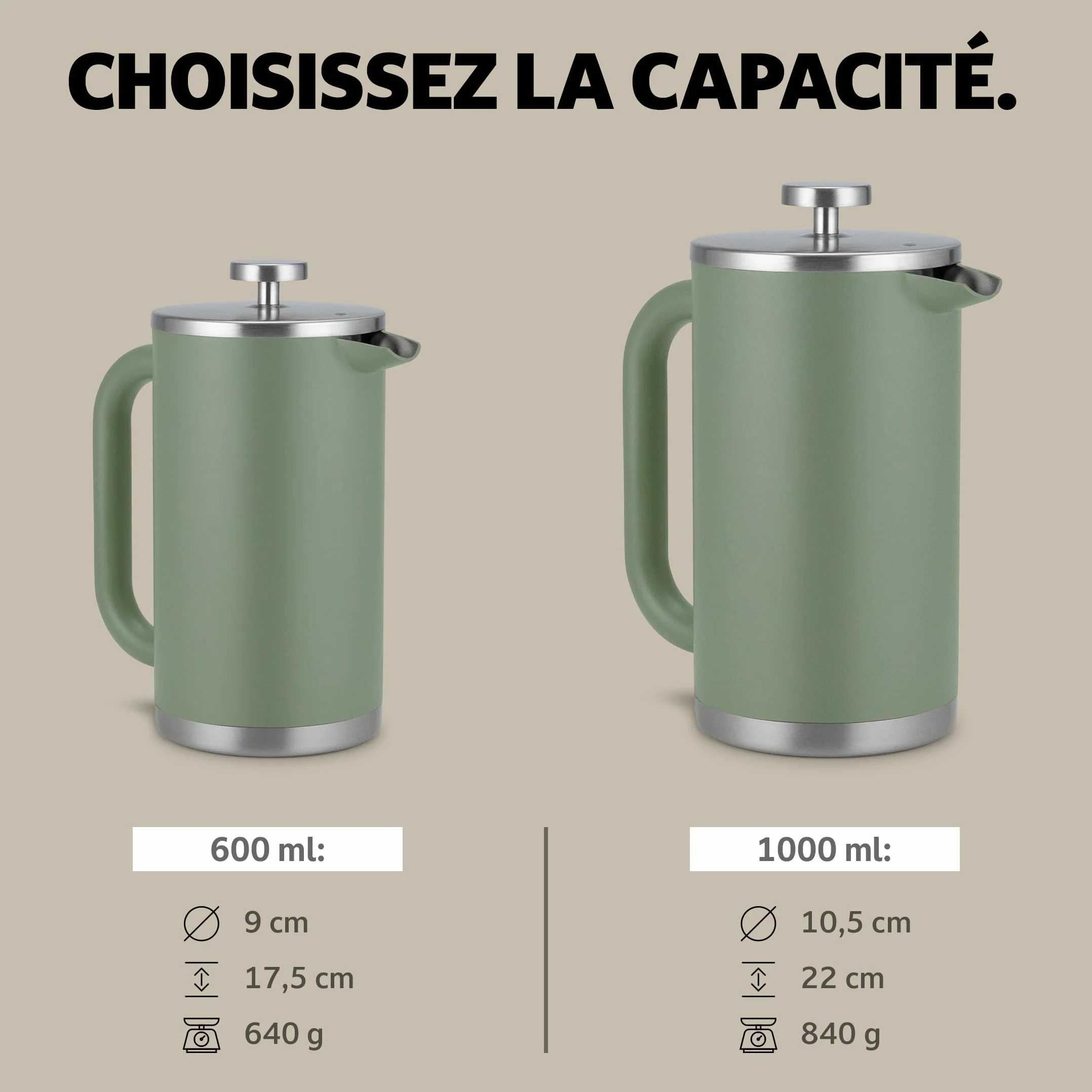 Campo Libre GIORGIO Cafetiere a Piston en Acier Inoxydable Recyclé Double Paroi Isotherme French Press 1000ml 1l