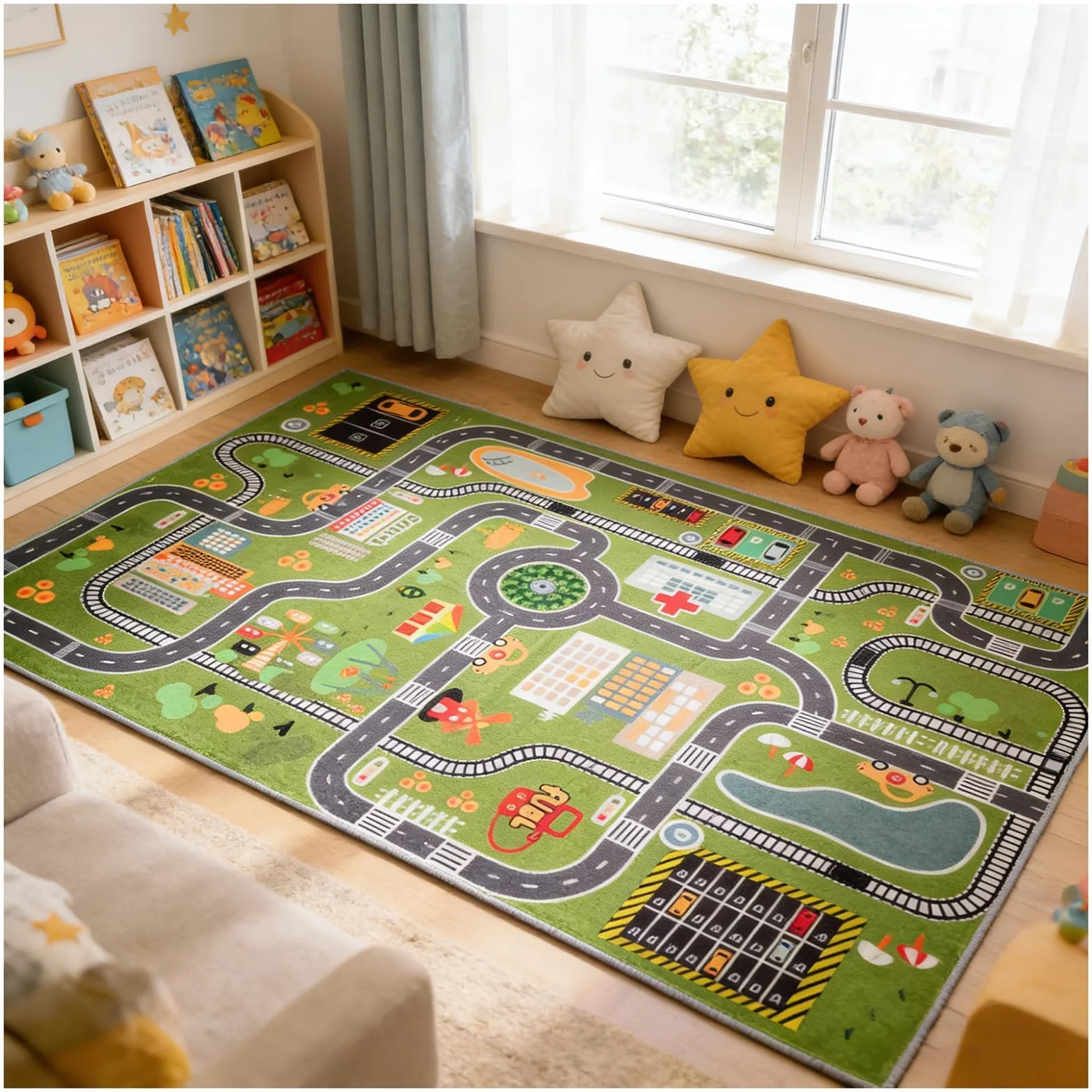 Tapis de Jeu éducatif Plan de Ville, Sol épais rembourré pour Chambre de garçon, Apprentissage interactif avec stationnement et Panneaux de signalisation