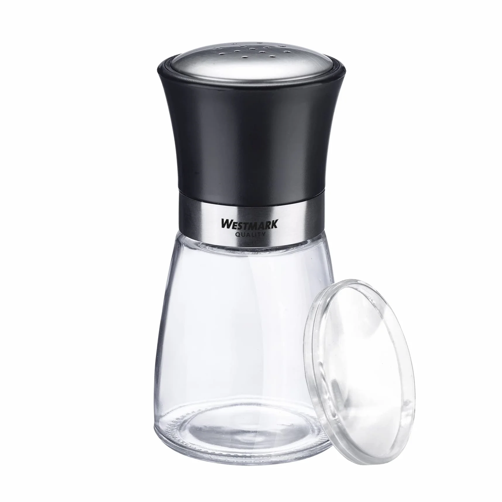 Westmark Pot à épices avec couvercle aromatique, perforation fine, 190 ml, verre/acier inoxydable/plastique, transparent/noir/argenté