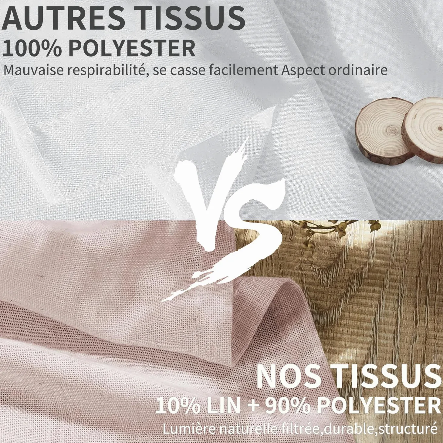 CUCRAF Rideau avec Oeillets Voilage Lin Semi-Transparent, Vieux Rose 140x245cm Lot de 2