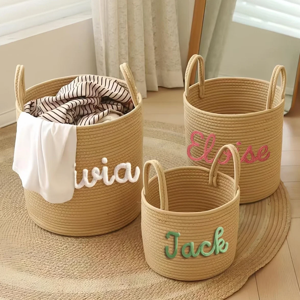 Panier À Linge Personnalisé Avec Nom, Grand Panier En Corde De Coton Tissé Pour Chambre À Coucher, Poubelle À Vêtements Sales, Organisateur De Rangement Polyvalent Pour Jouets (Brown, L)