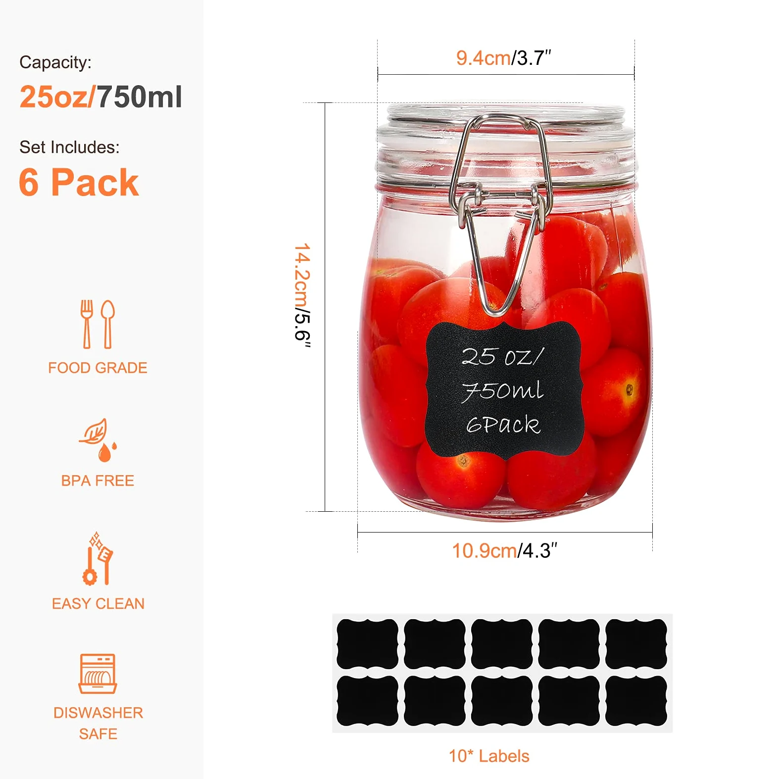Betrome Lot de 6 bocaux en verre avec couvercle hermétique en caoutchouc réutilisable pour confiture, café, thé, miel, haricots, épices